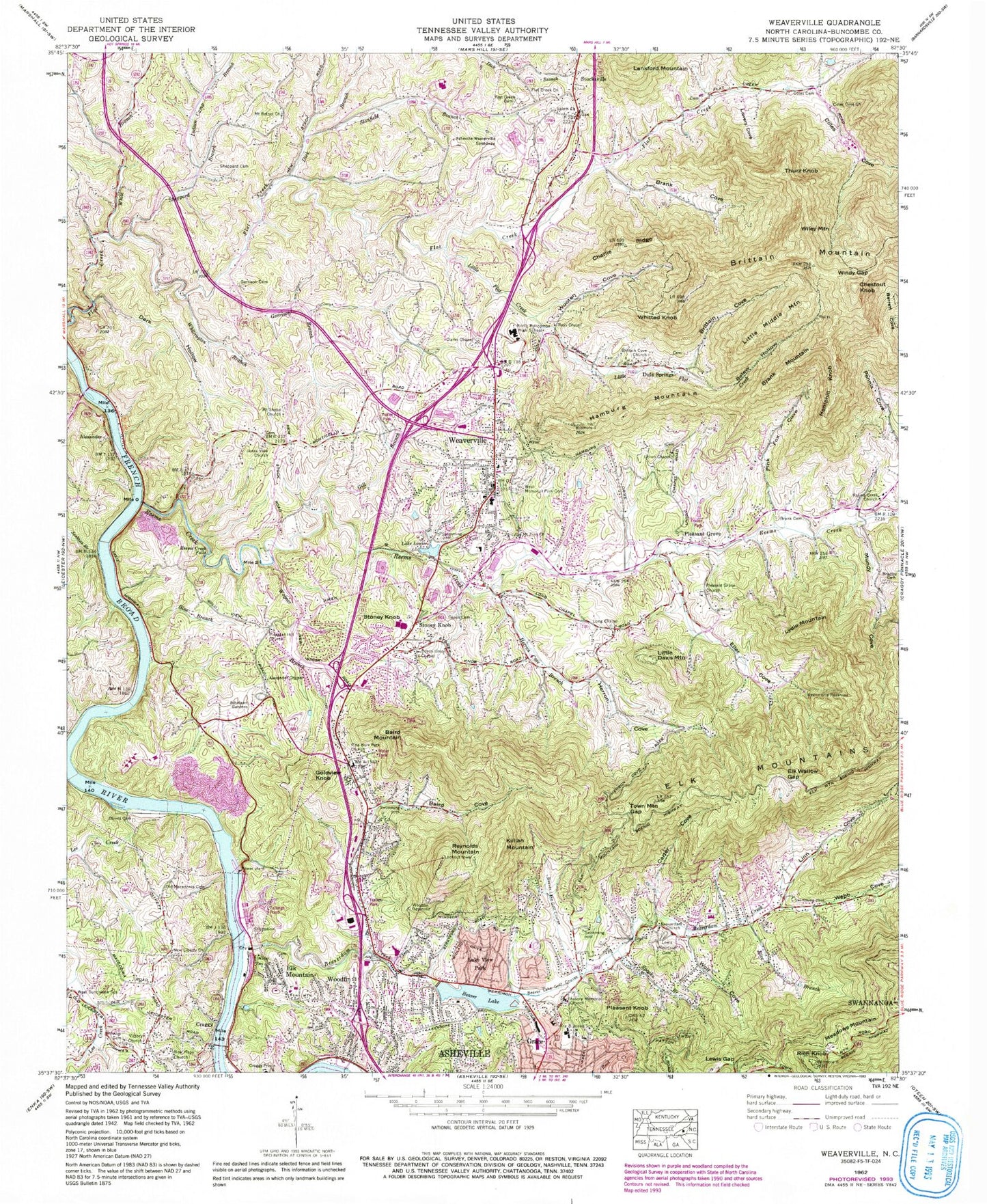Classic USGS Weaverville North Carolina 7.5'x7.5' Topo Map Image