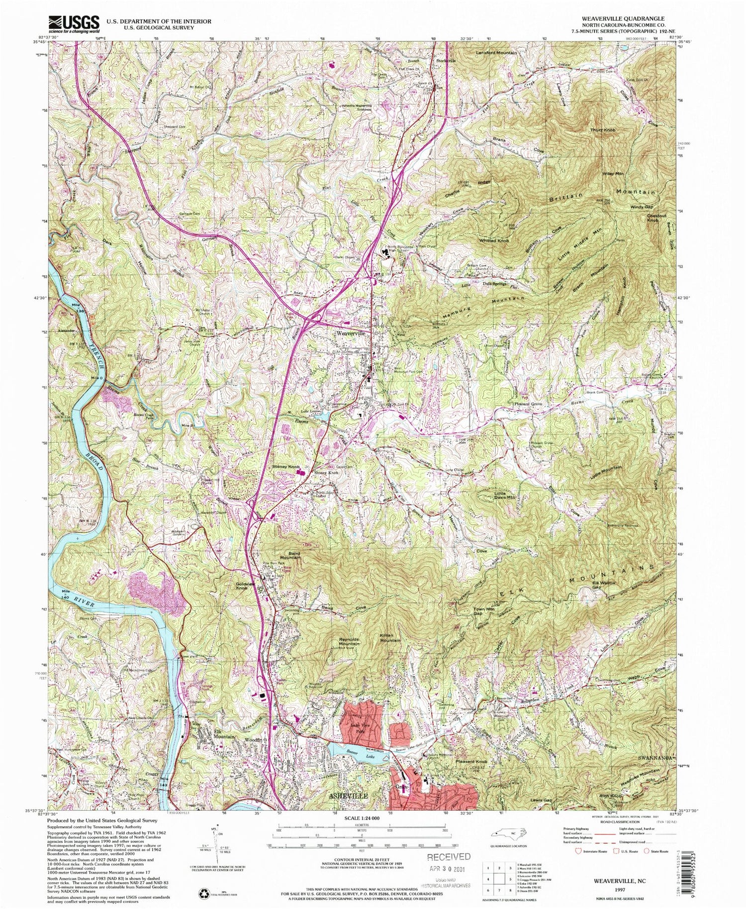 Classic USGS Weaverville North Carolina 7.5'x7.5' Topo Map Image
