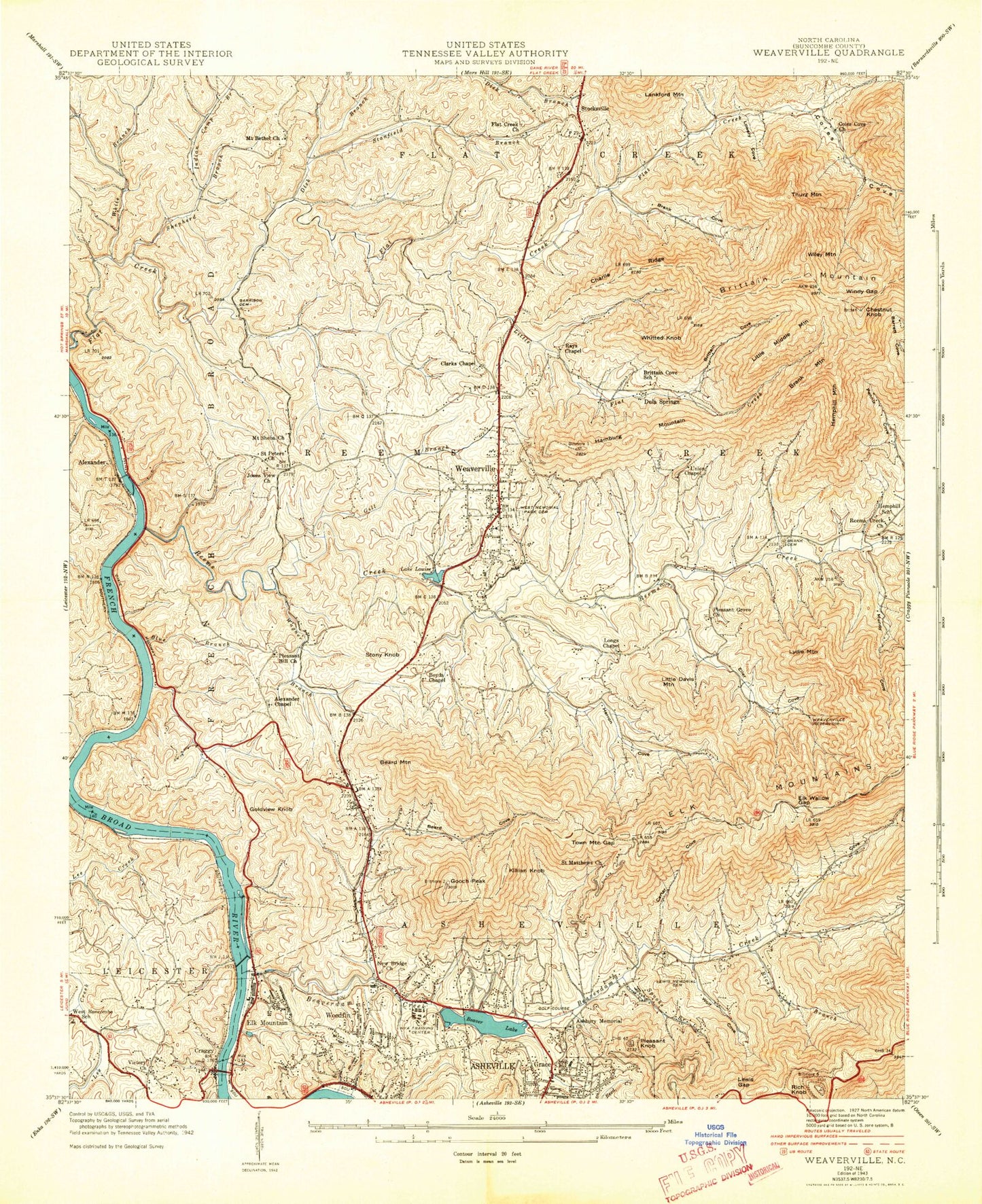 Classic USGS Weaverville North Carolina 7.5'x7.5' Topo Map Image