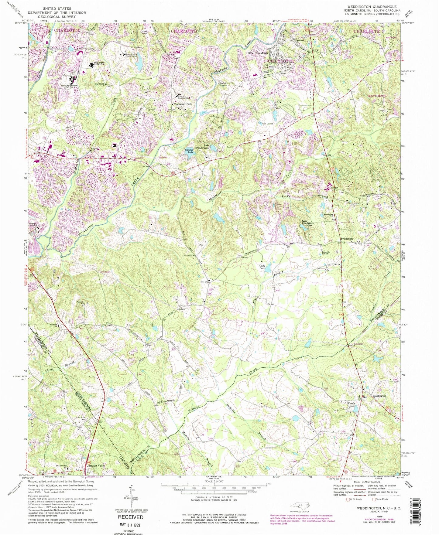 Classic USGS Weddington North Carolina 7.5'x7.5' Topo Map Image