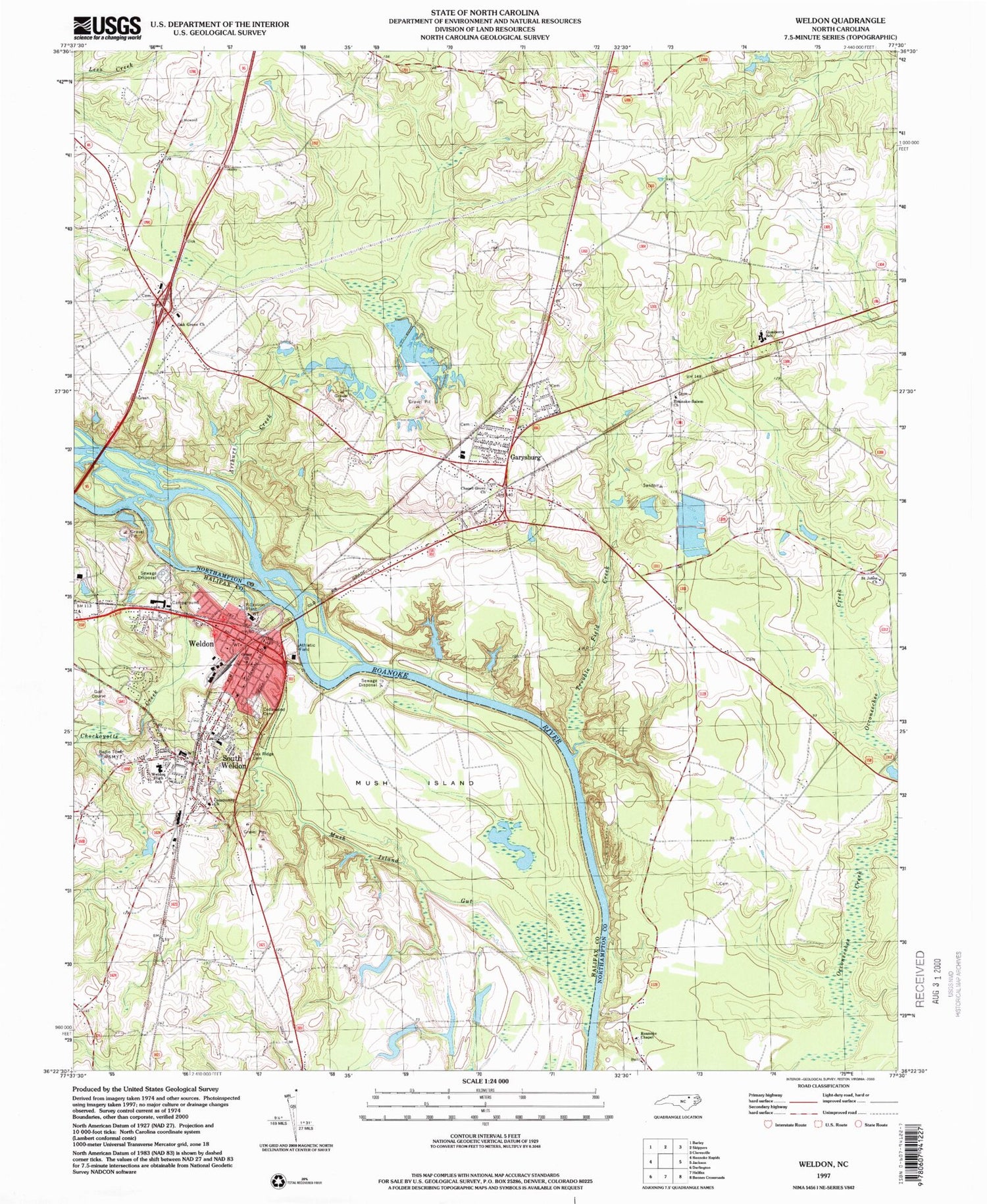 Classic USGS Weldon North Carolina 7.5'x7.5' Topo Map Image