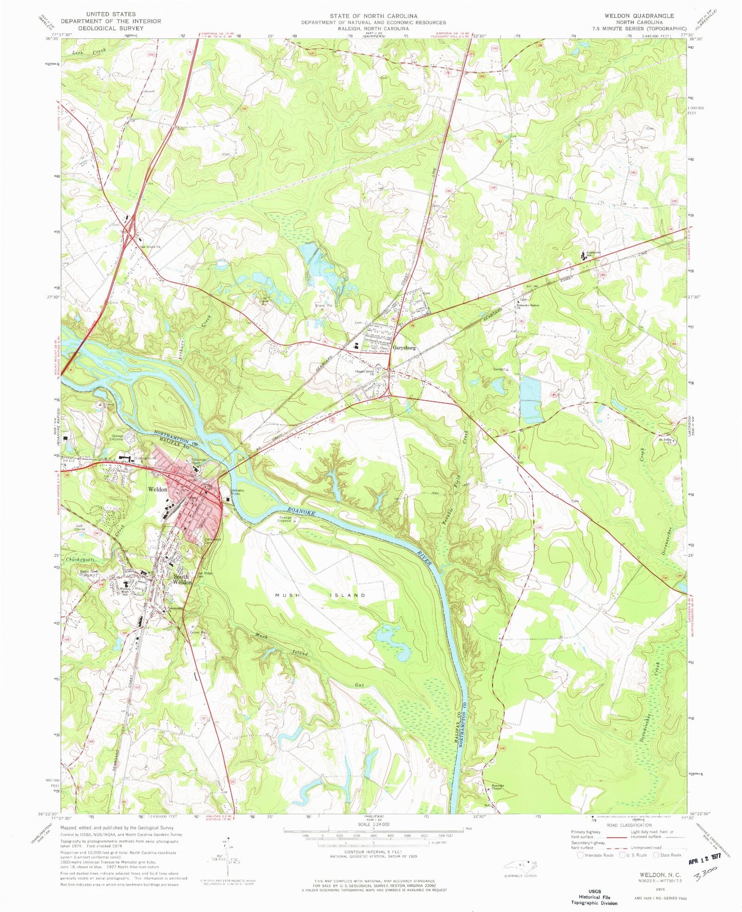 Classic USGS Weldon North Carolina 7.5'x7.5' Topo Map Image