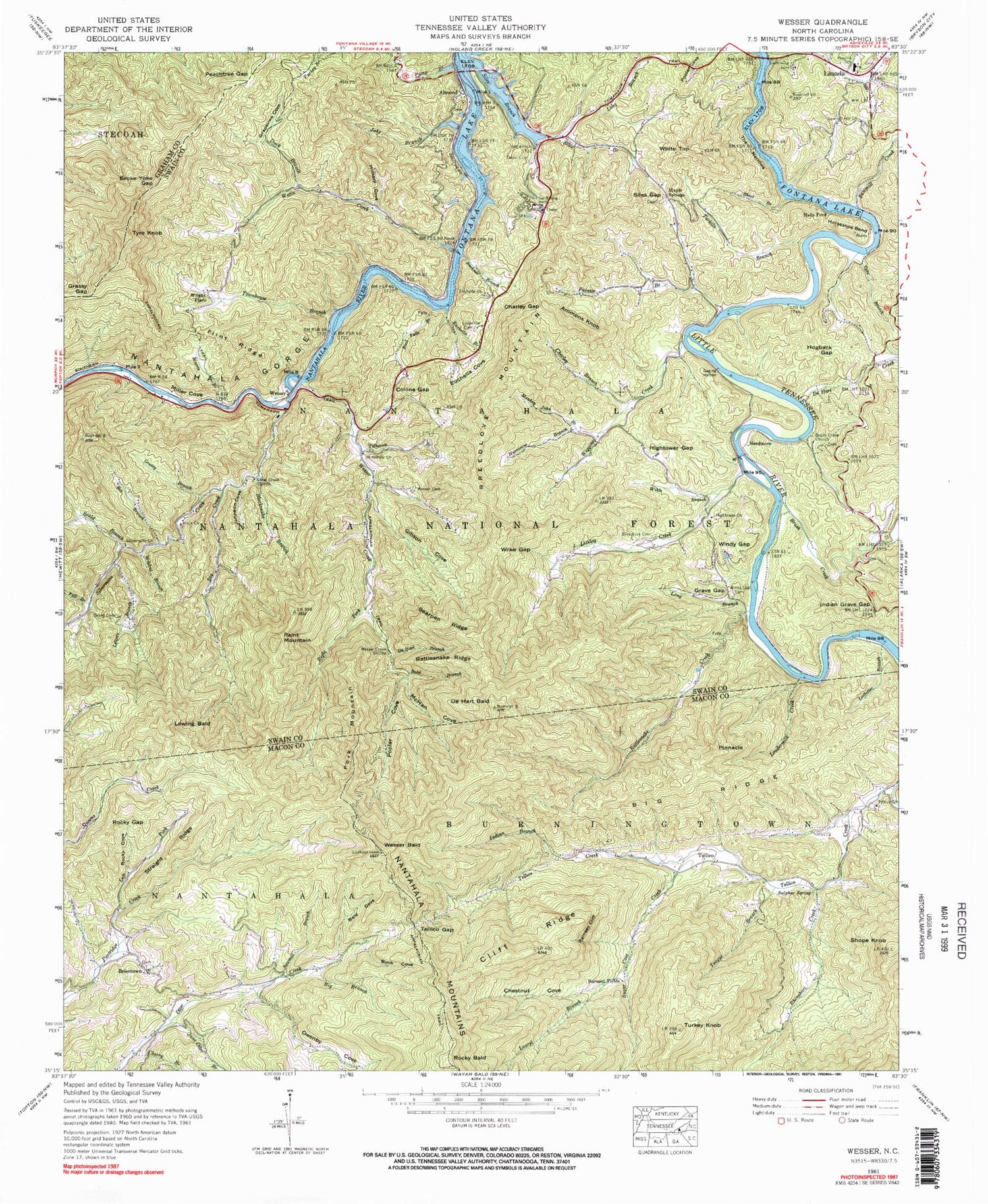 Classic USGS Wesser North Carolina 7.5'x7.5' Topo Map Image