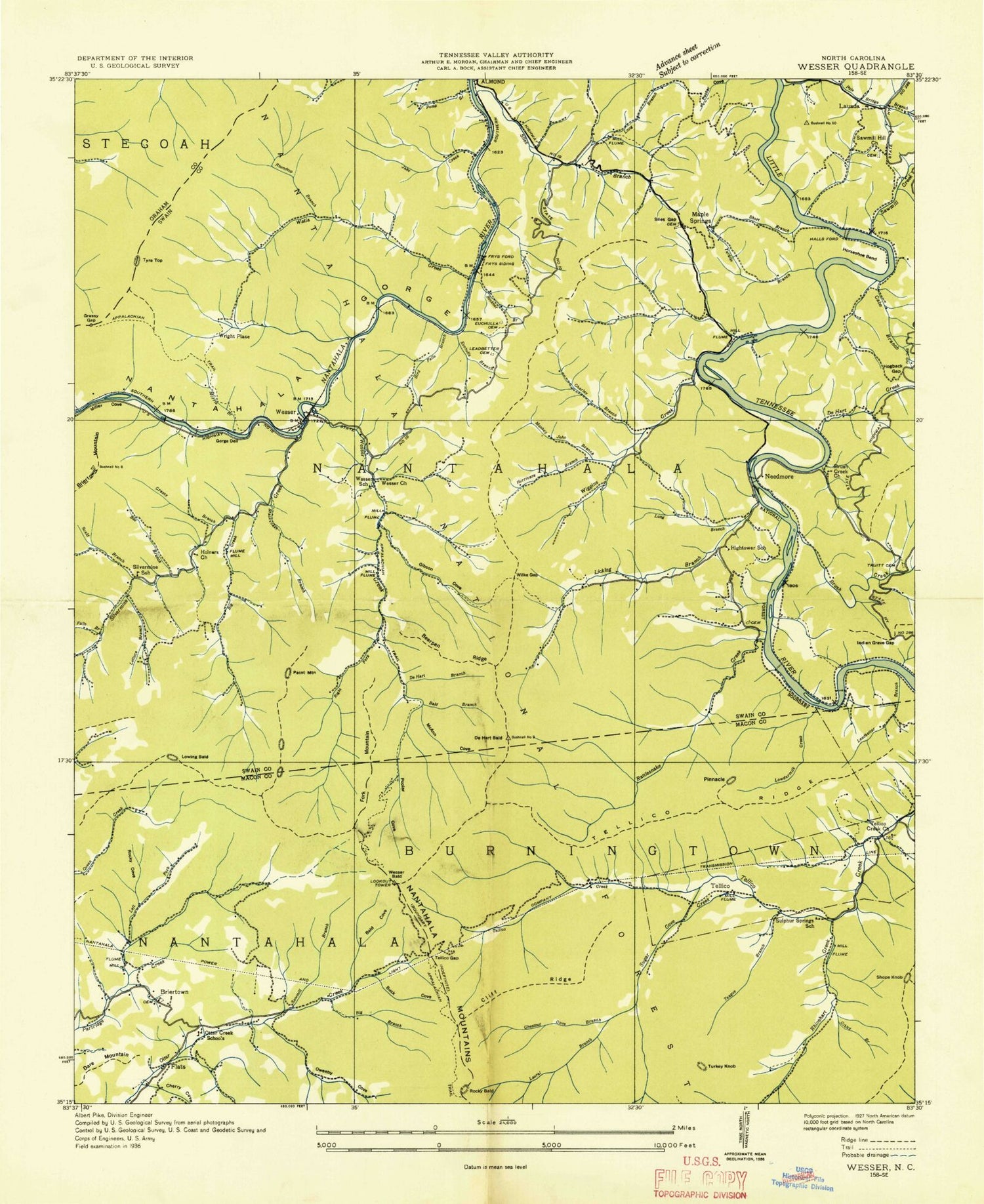 Classic USGS Wesser North Carolina 7.5'x7.5' Topo Map Image