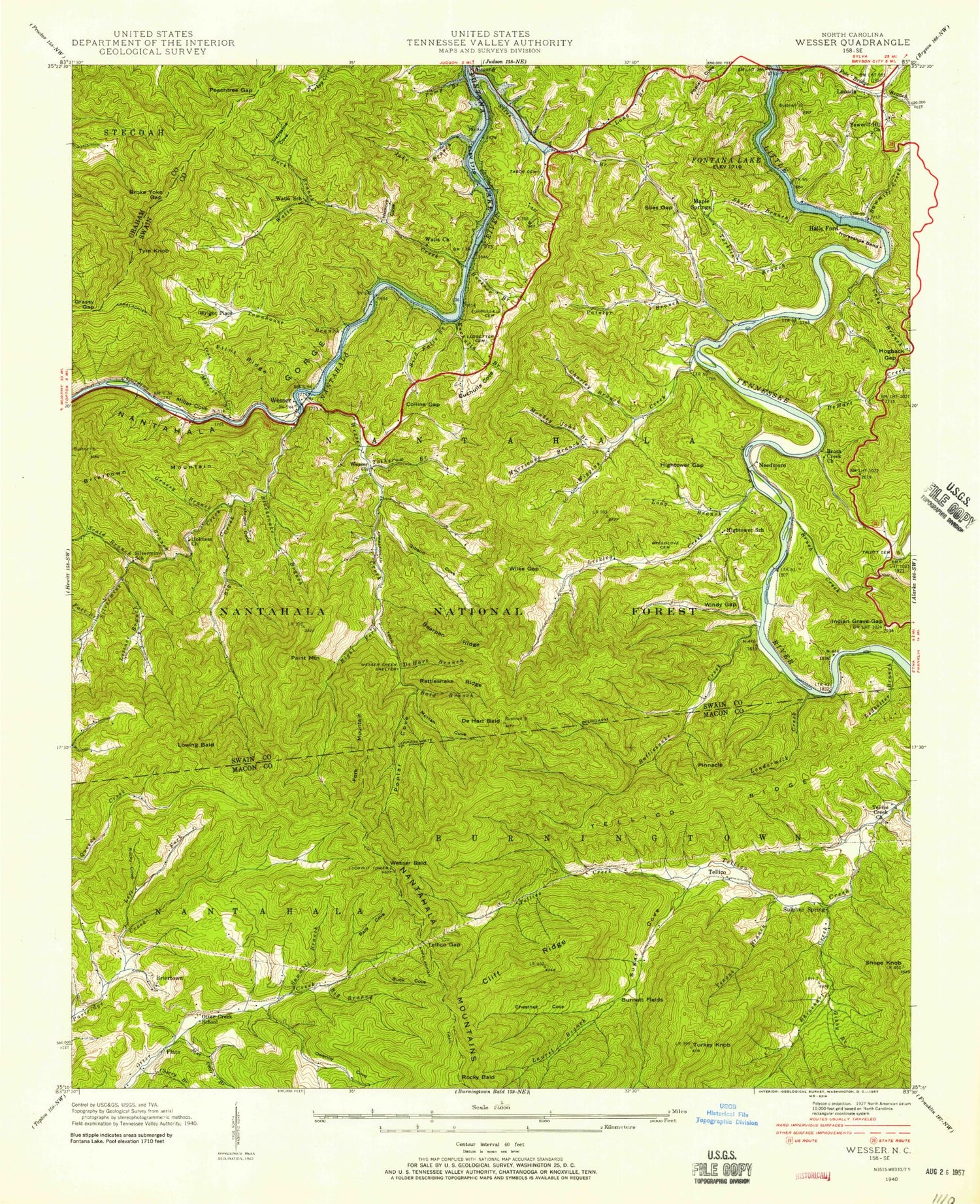 Classic USGS Wesser North Carolina 7.5'x7.5' Topo Map Image