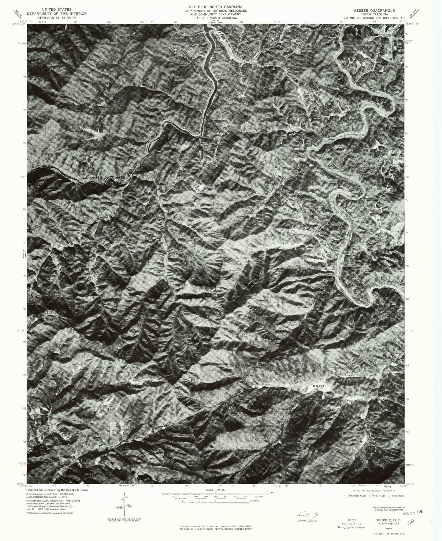 Classic USGS Wesser North Carolina 7.5'x7.5' Topo Map Image