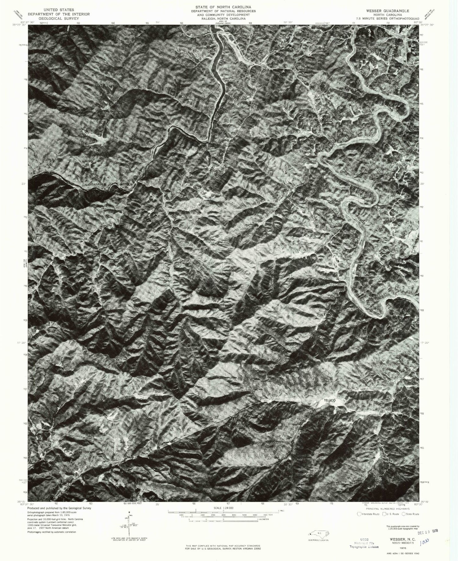 Classic USGS Wesser North Carolina 7.5'x7.5' Topo Map Image