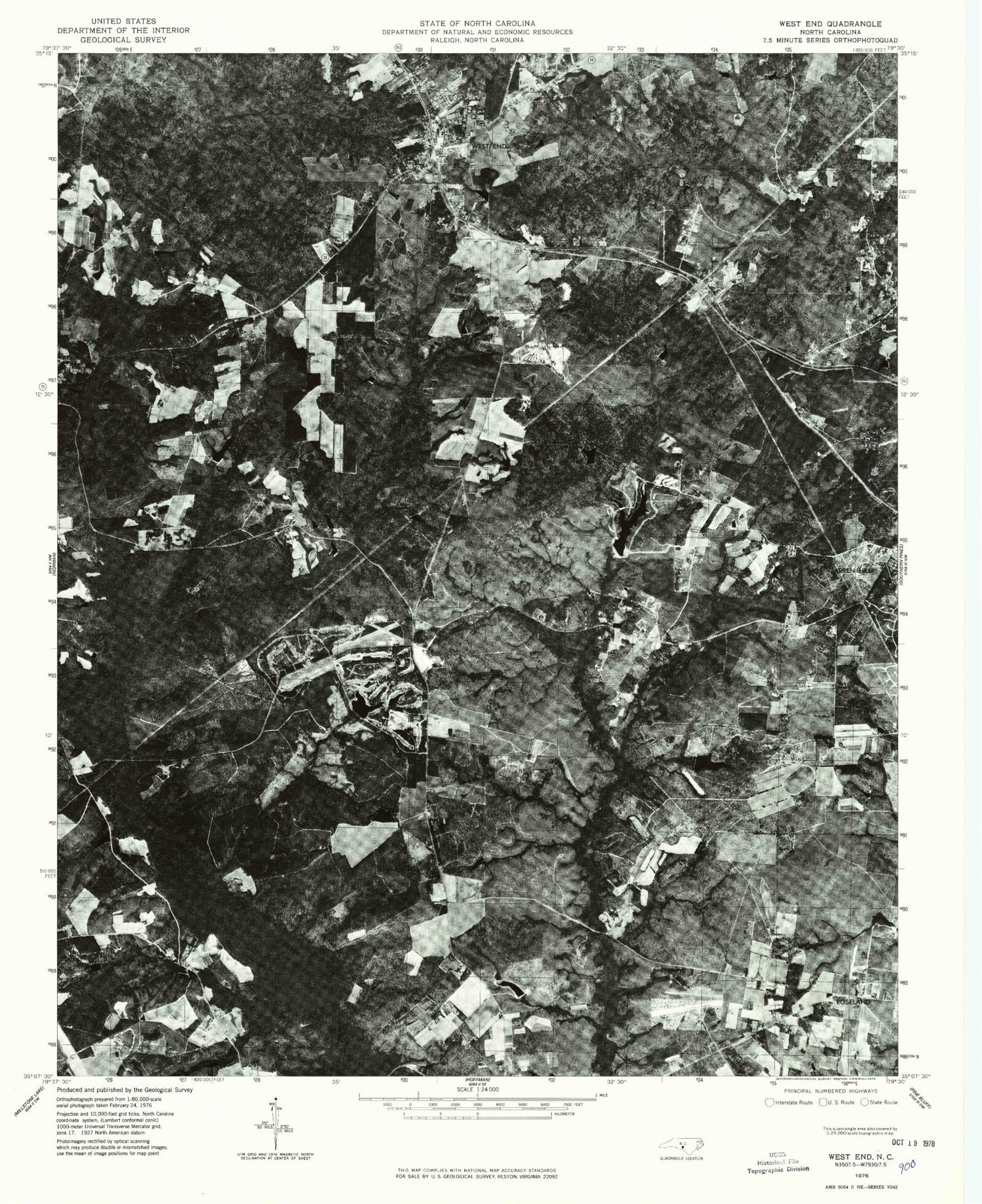 Classic USGS West End North Carolina 7.5'x7.5' Topo Map Image