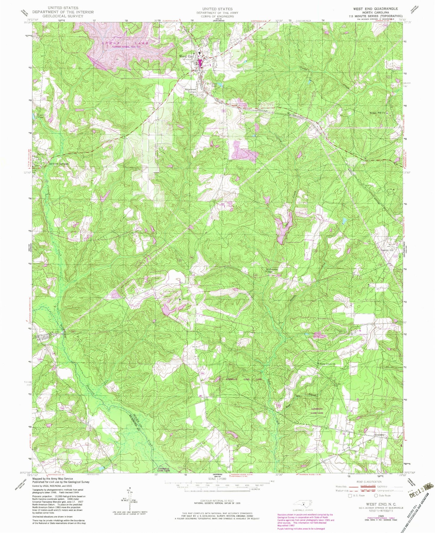 Classic USGS West End North Carolina 7.5'x7.5' Topo Map Image