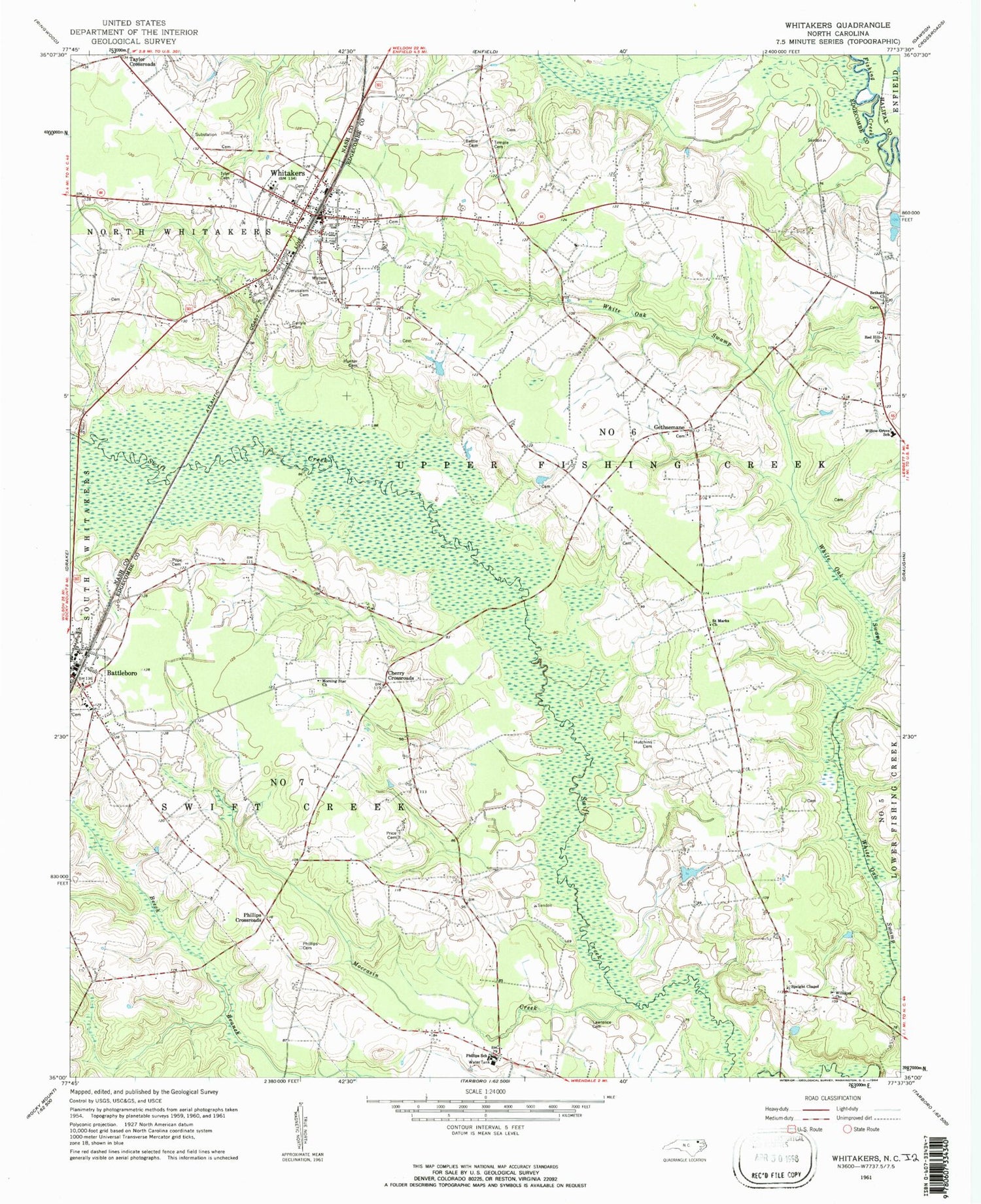 Classic USGS Whitakers North Carolina 7.5'x7.5' Topo Map Image