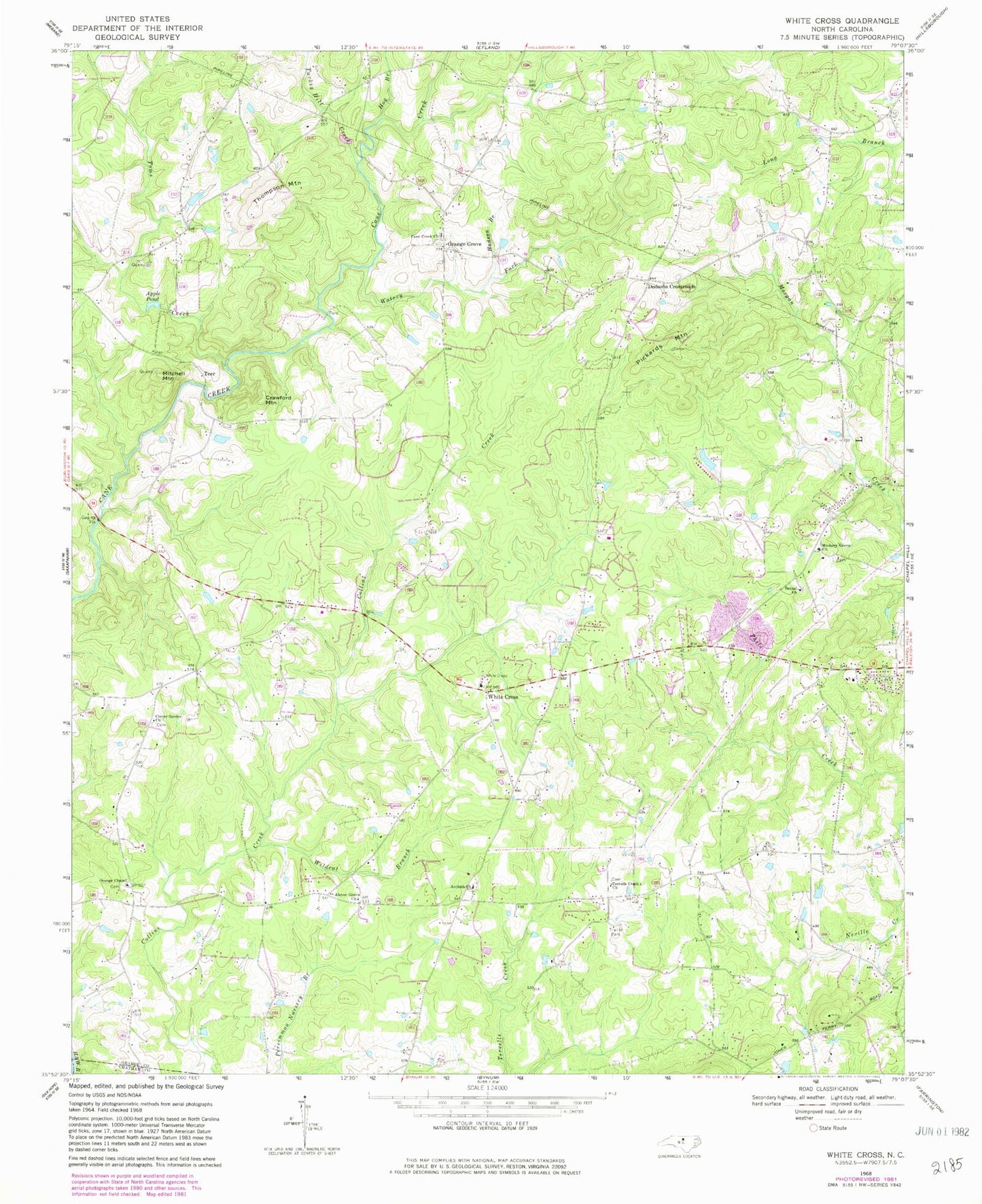 Classic USGS White Cross North Carolina 7.5'x7.5' Topo Map Image