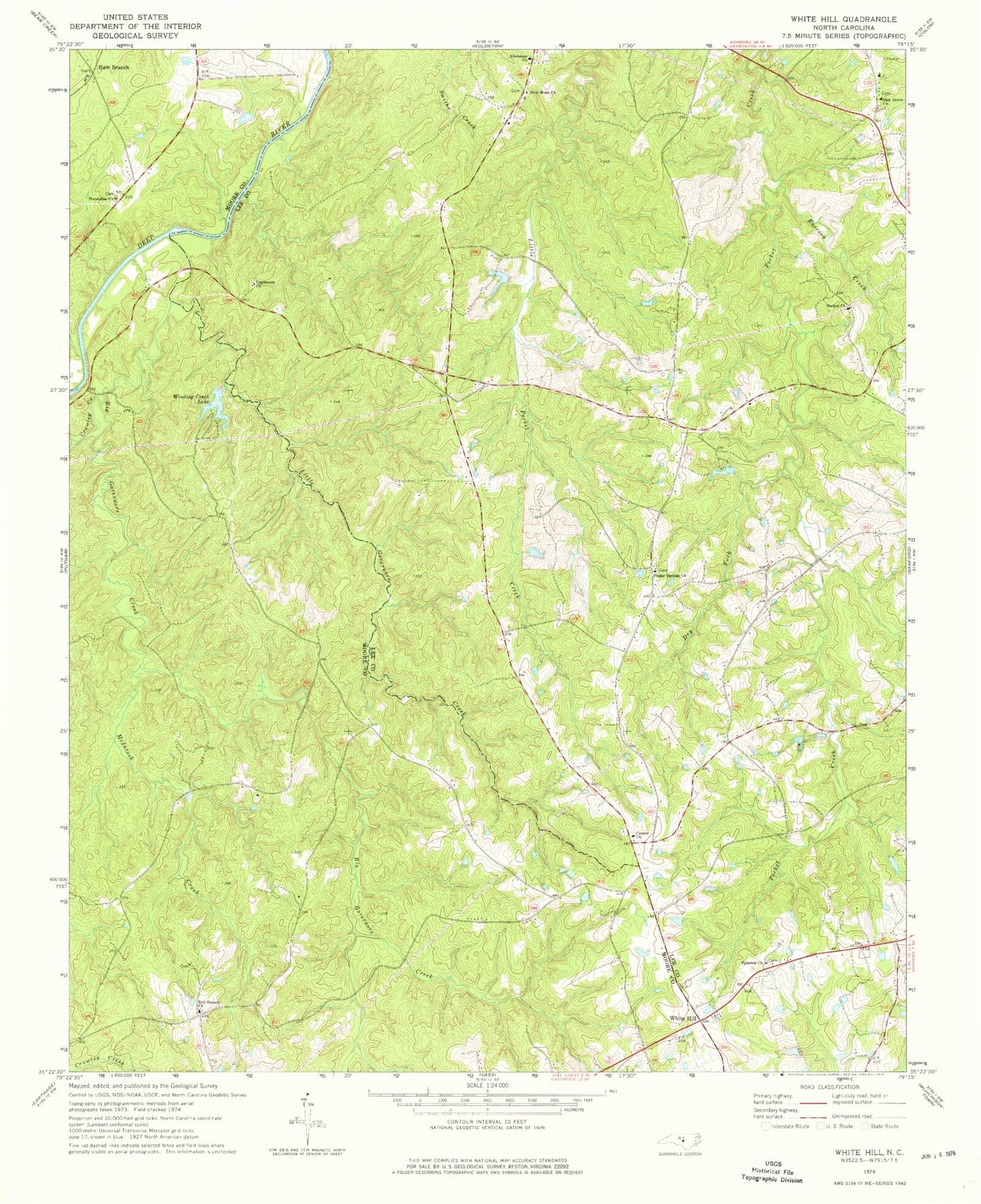 Classic USGS White Hill North Carolina 7.5'x7.5' Topo Map Image