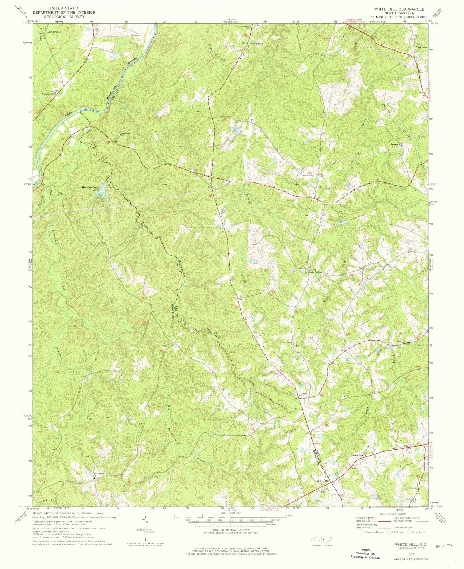 Classic USGS White Hill North Carolina 7.5'x7.5' Topo Map Image