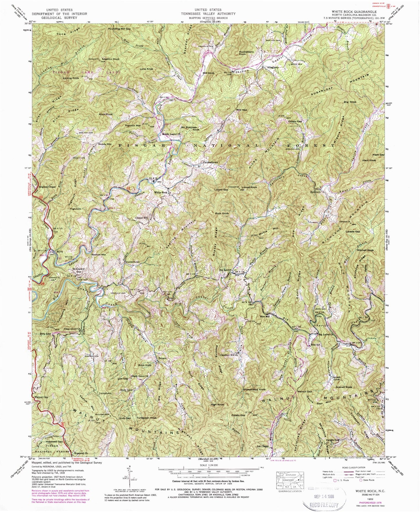 Classic USGS White Rock North Carolina 7.5'x7.5' Topo Map Image