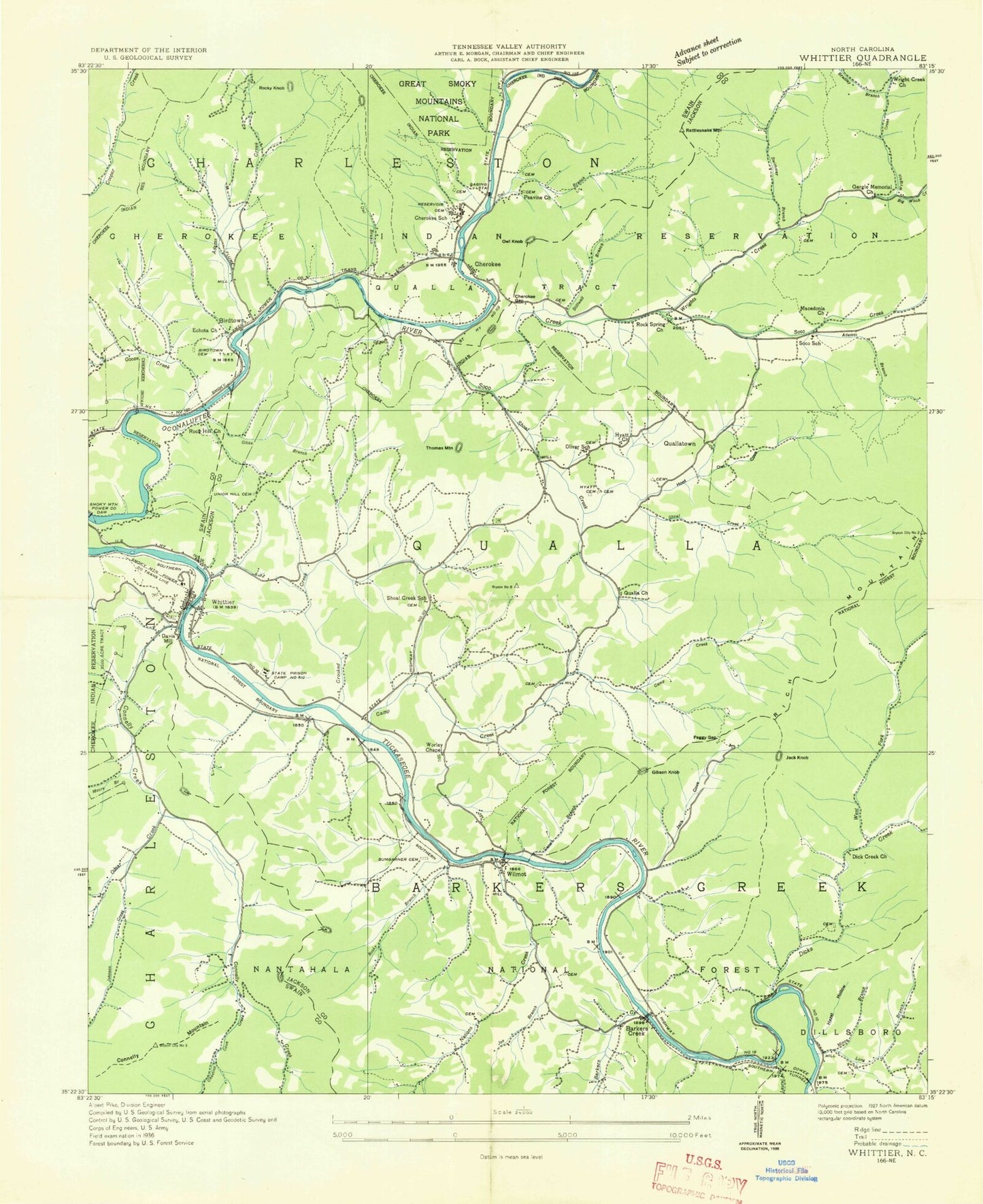 Classic USGS Whittier North Carolina 7.5'x7.5' Topo Map Image