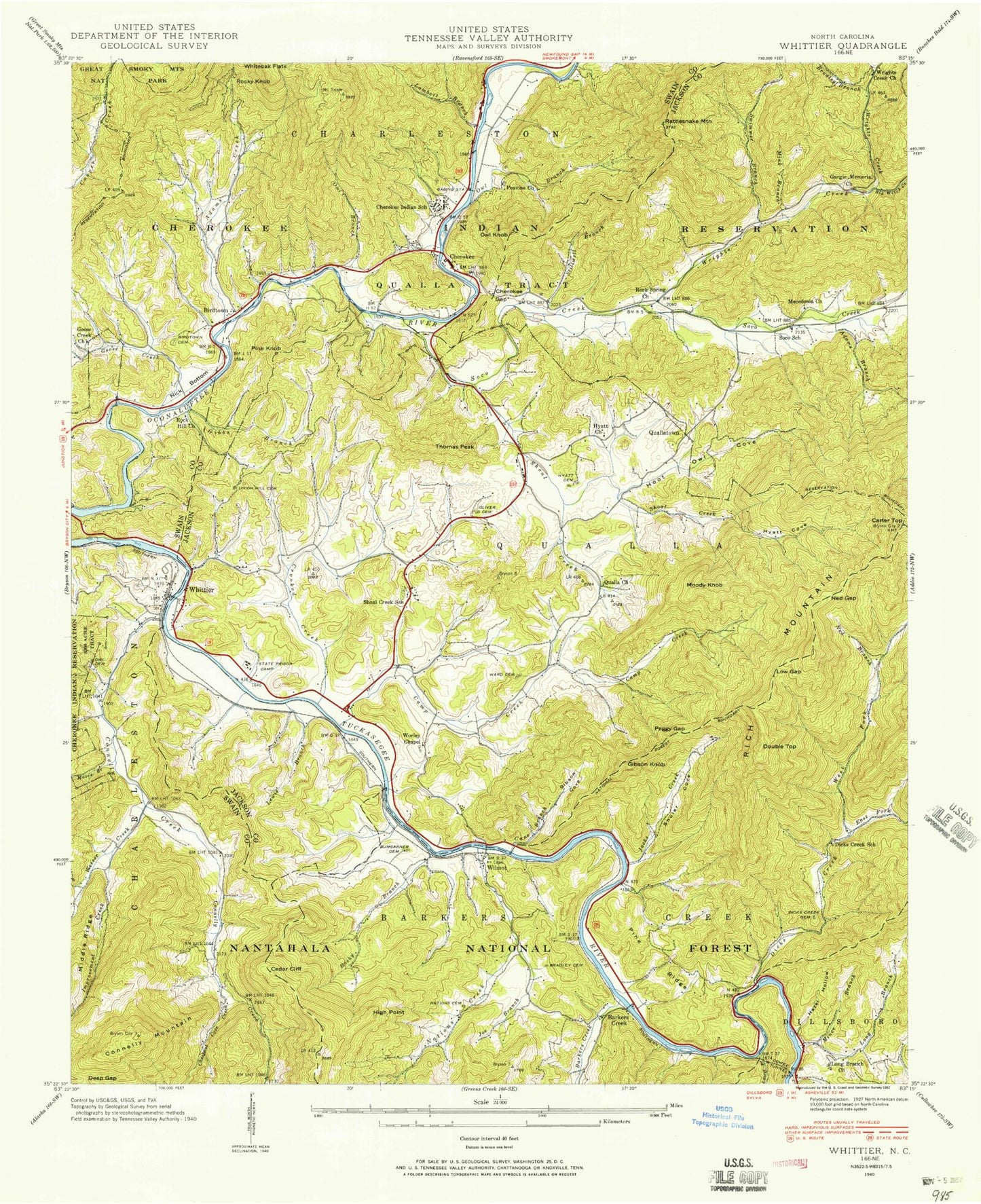 Classic USGS Whittier North Carolina 7.5'x7.5' Topo Map Image