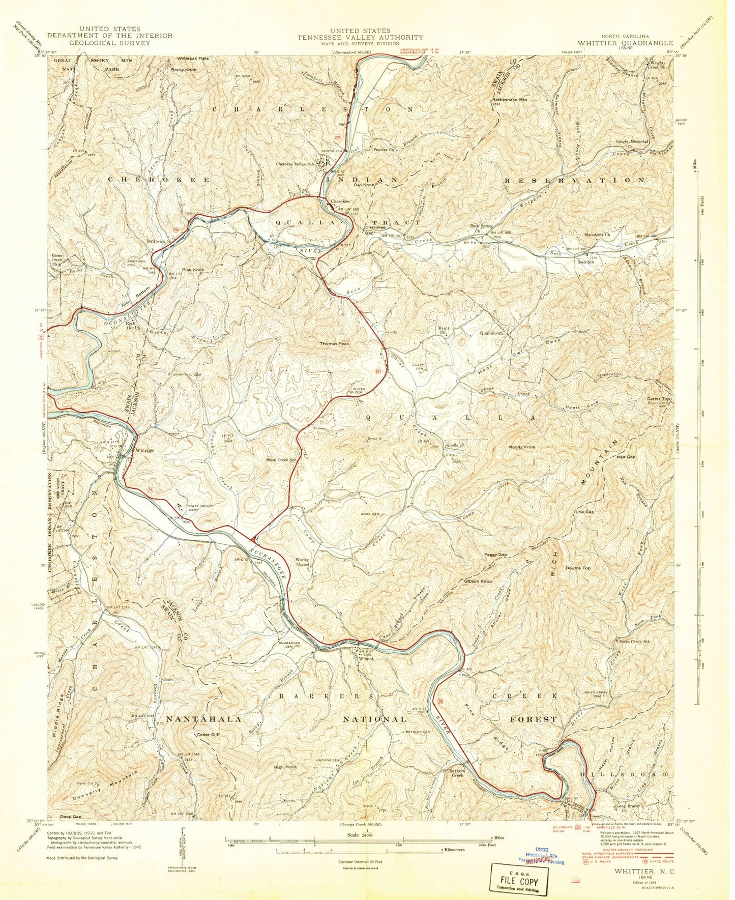 Classic USGS Whittier North Carolina 7.5'x7.5' Topo Map Image