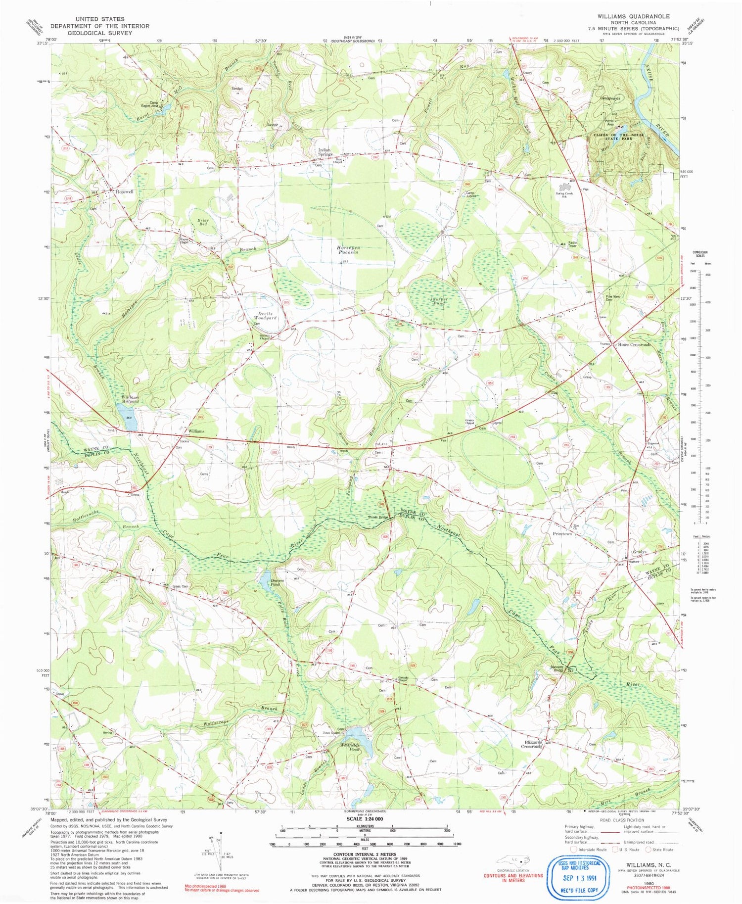 Classic USGS Williams North Carolina 7.5'x7.5' Topo Map Image