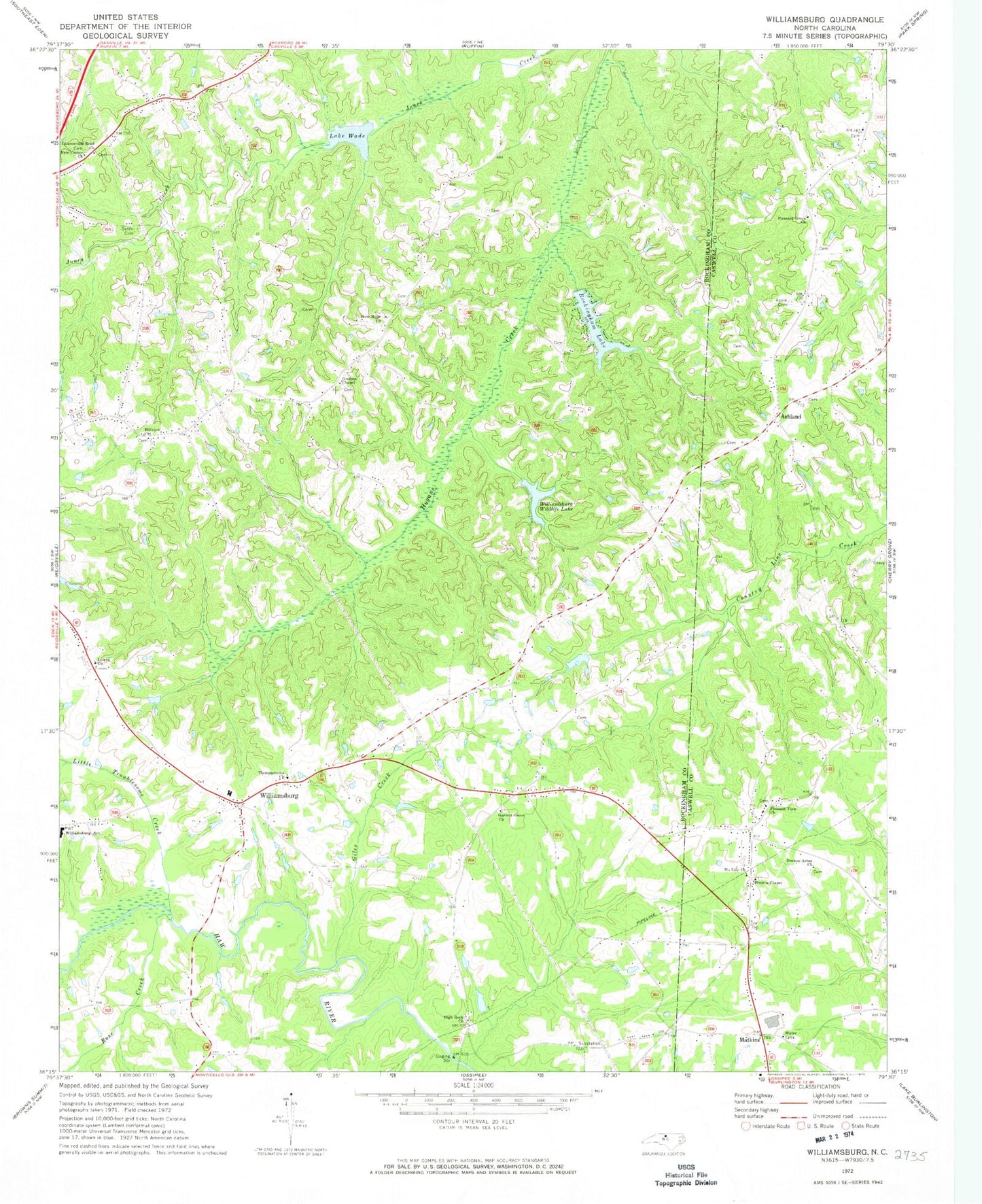 Classic USGS Williamsburg North Carolina 7.5'x7.5' Topo Map Image