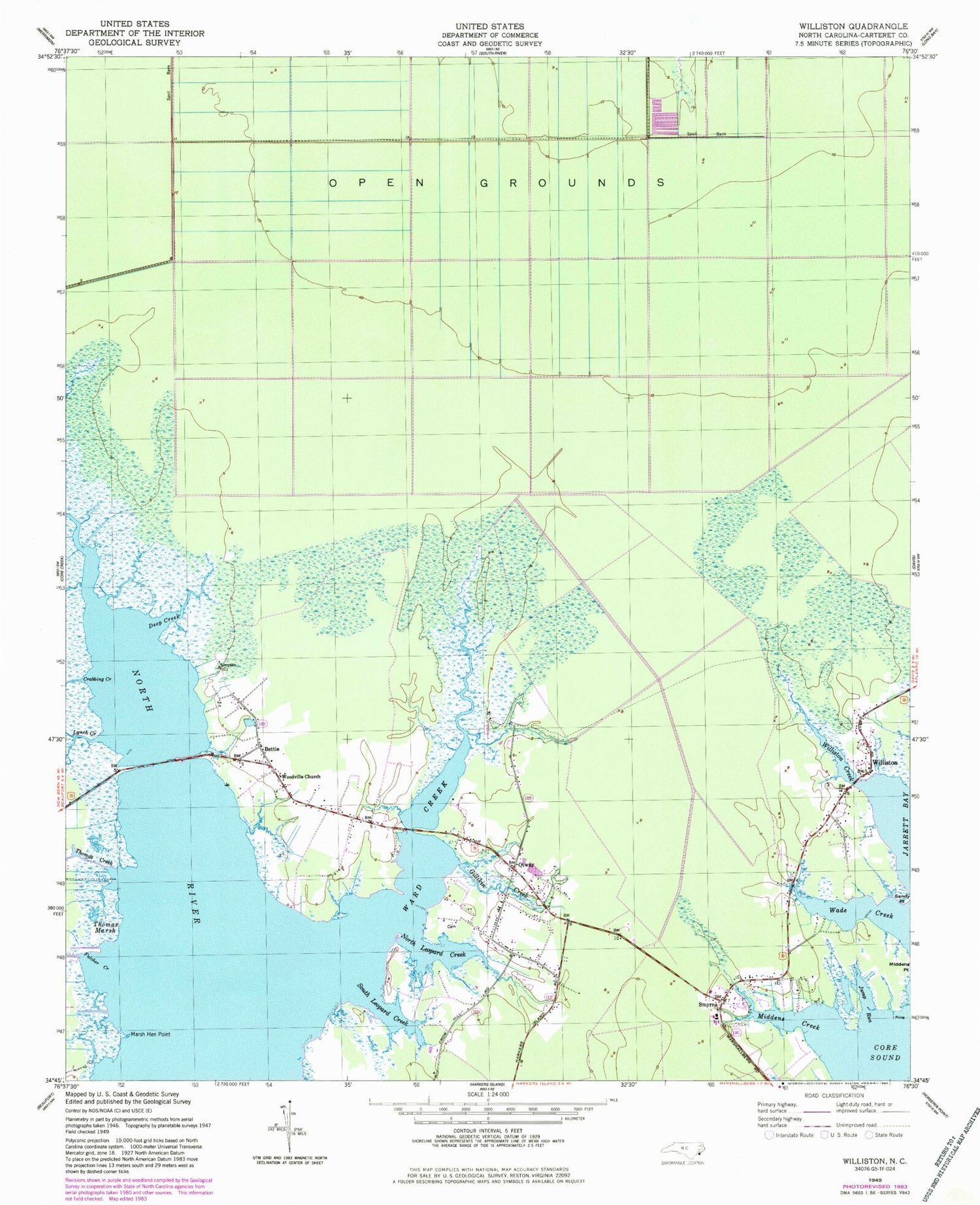 Classic USGS Williston North Carolina 7.5'x7.5' Topo Map Image