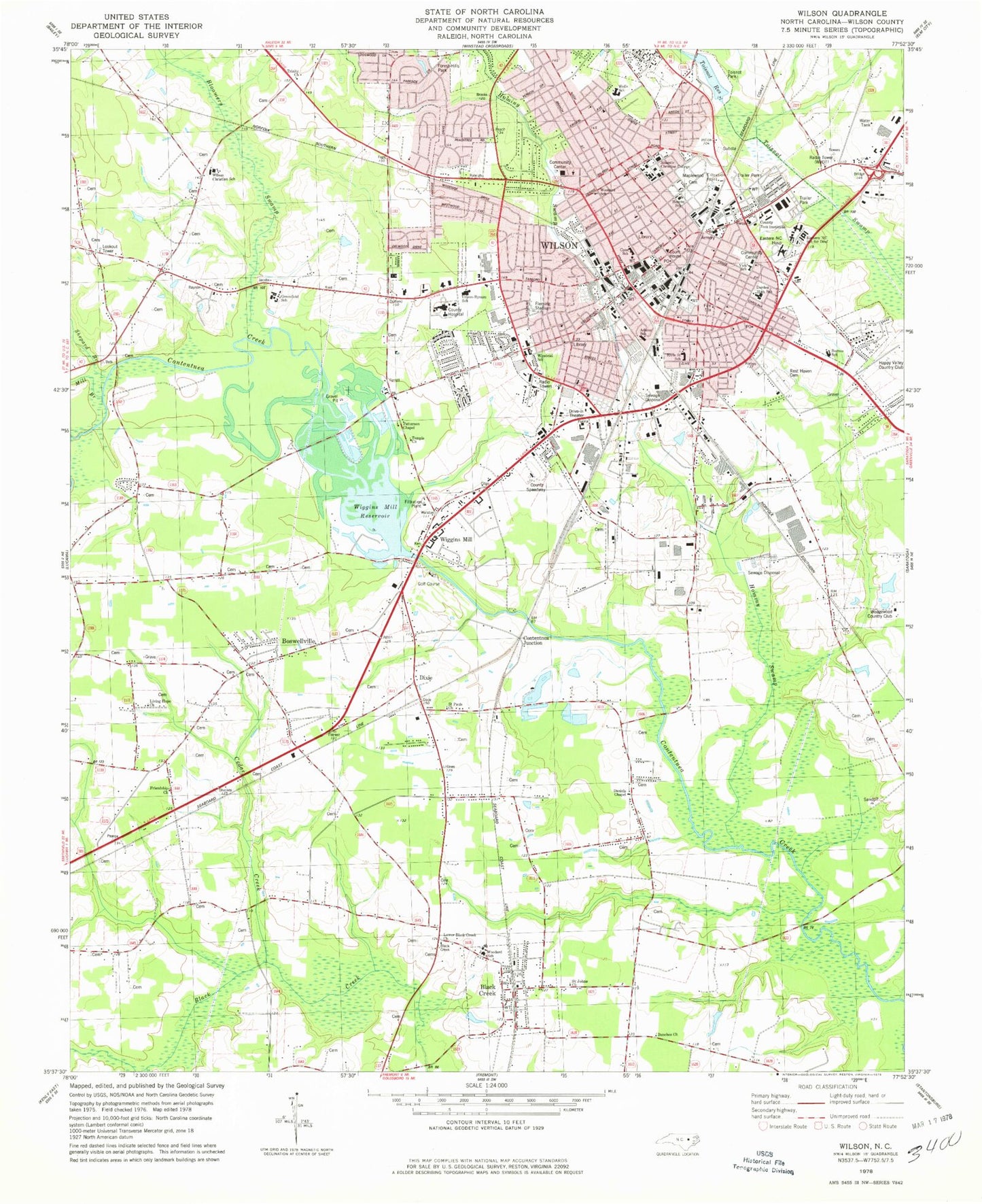 Classic USGS Wilson North Carolina 7.5'x7.5' Topo Map Image