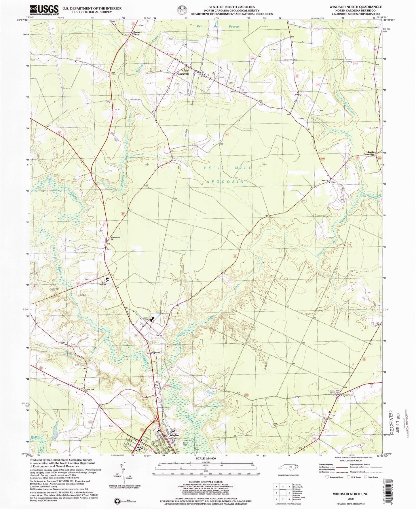Classic USGS Windsor North North Carolina 7.5'x7.5' Topo Map Image