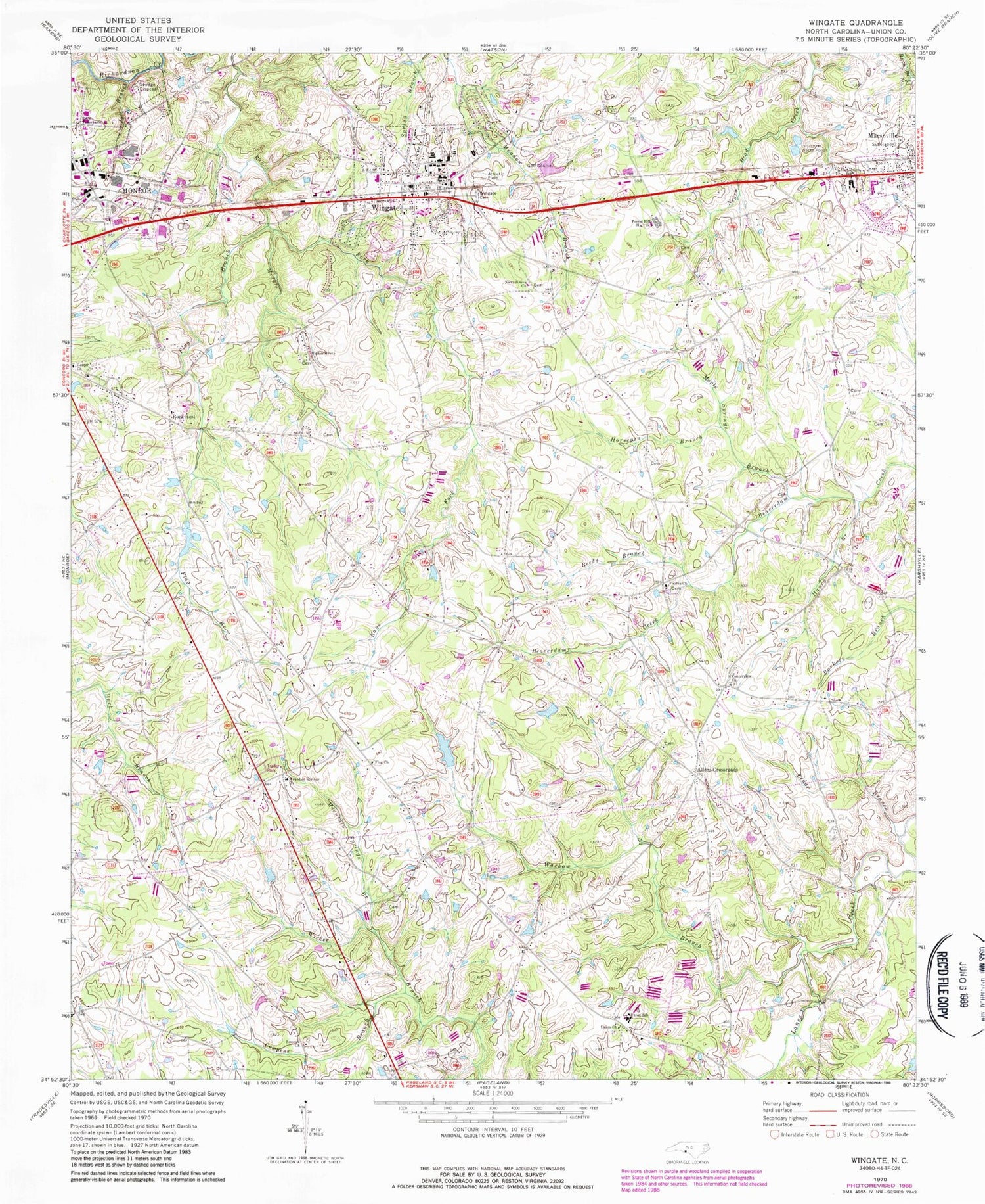 Classic USGS Wingate North Carolina 7.5'x7.5' Topo Map Image