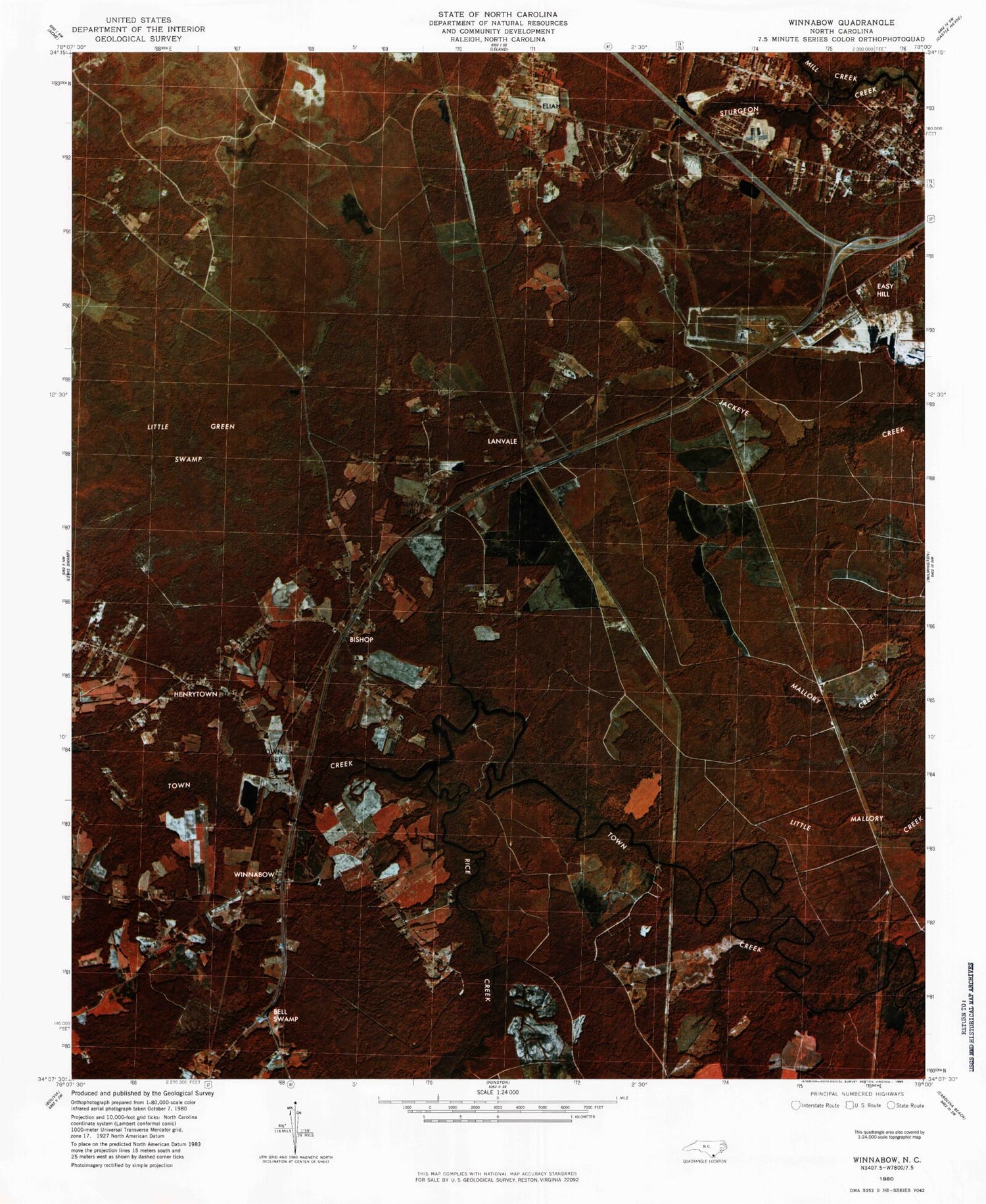 Classic USGS Winnabow North Carolina 7.5'x7.5' Topo Map Image