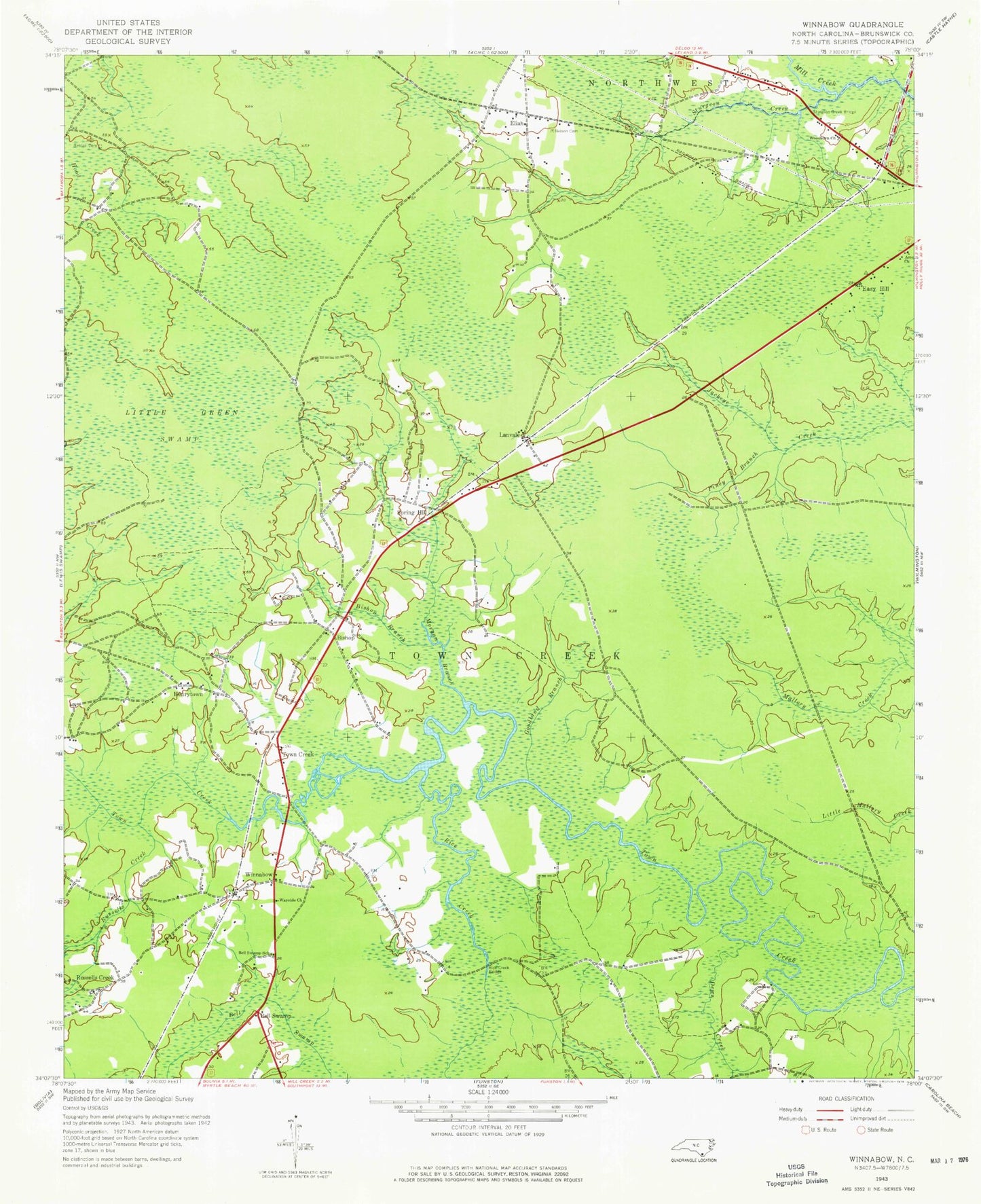 Classic USGS Winnabow North Carolina 7.5'x7.5' Topo Map Image