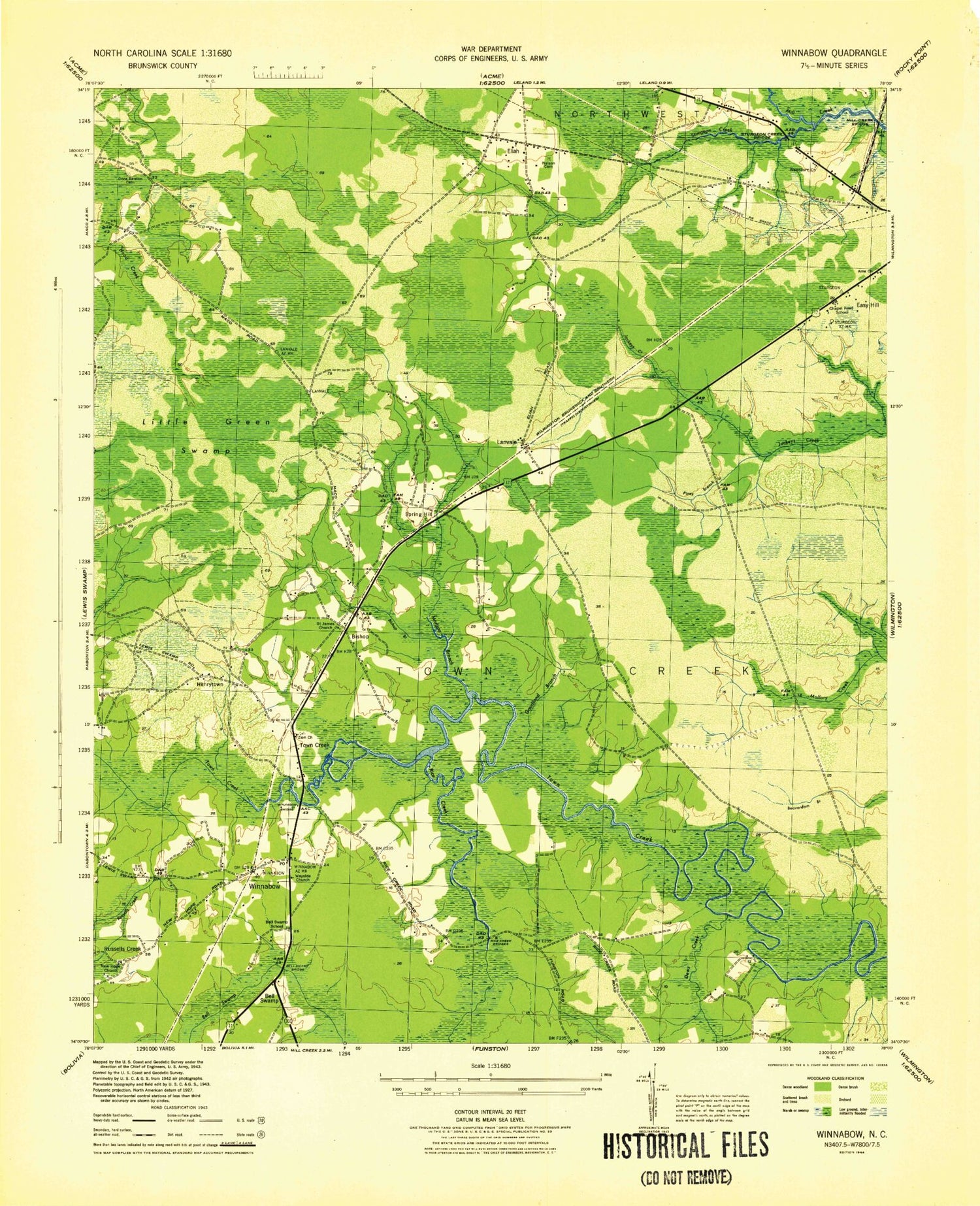 Classic USGS Winnabow North Carolina 7.5'x7.5' Topo Map Image