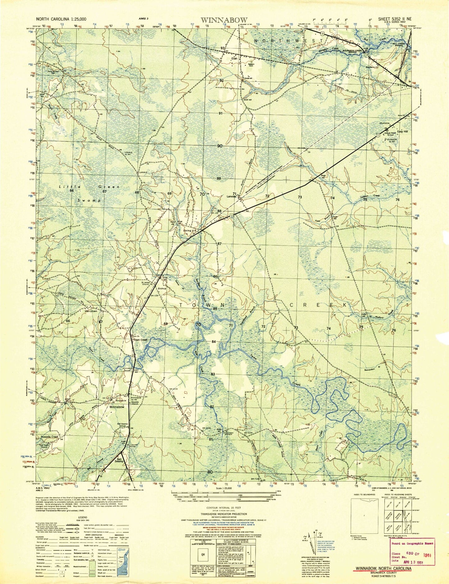 Classic USGS Winnabow North Carolina 7.5'x7.5' Topo Map Image