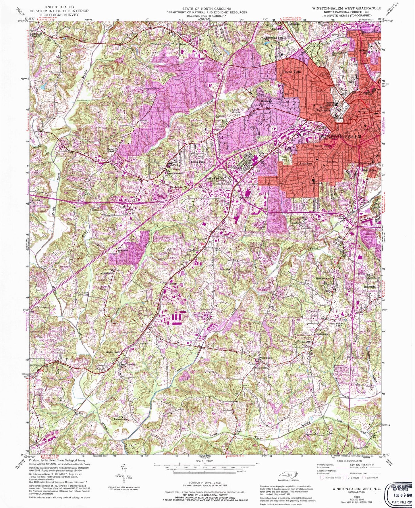 Classic USGS Winston-Salem West North Carolina 7.5'x7.5' Topo Map Image