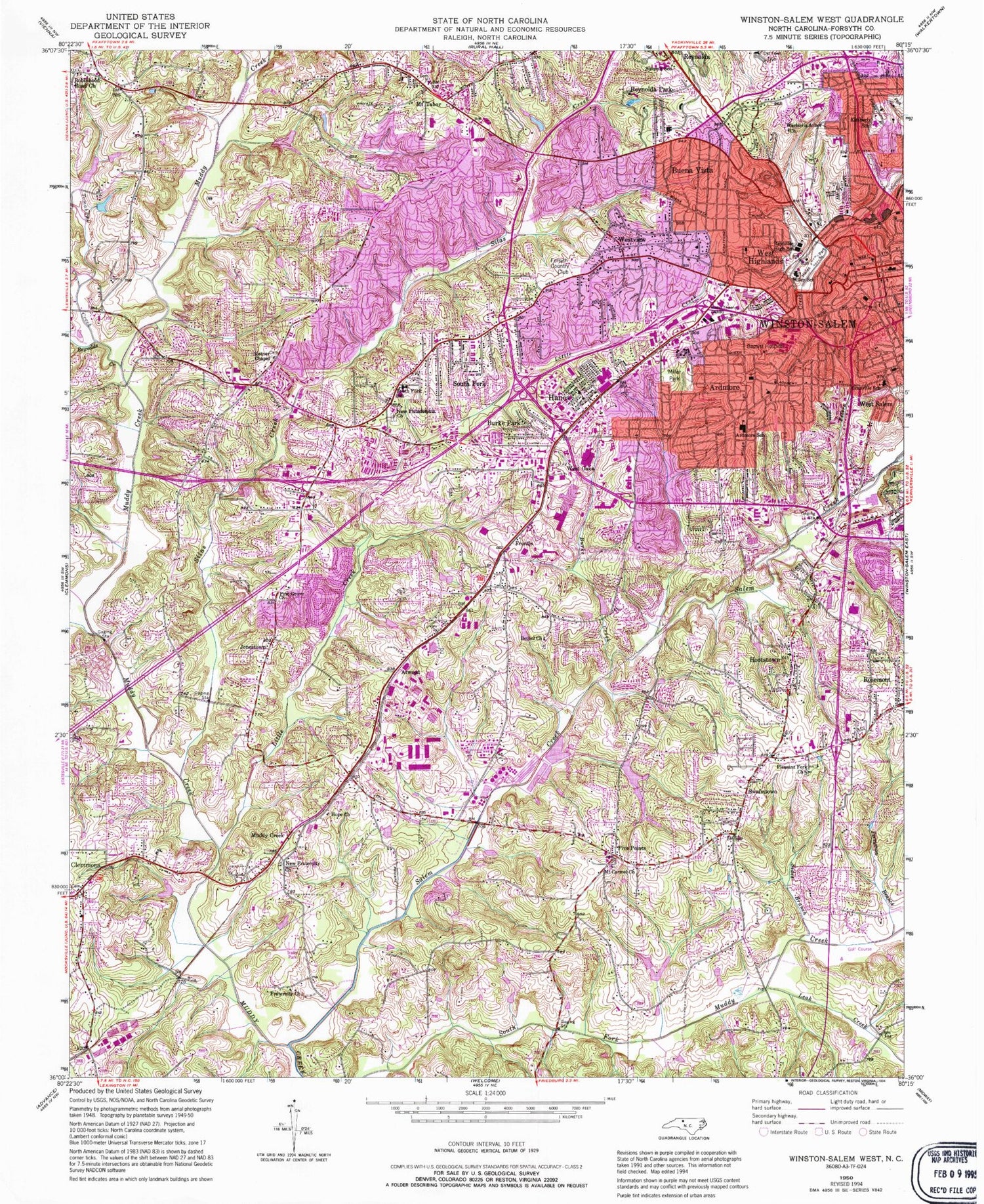 Classic USGS Winston-Salem West North Carolina 7.5'x7.5' Topo Map Image