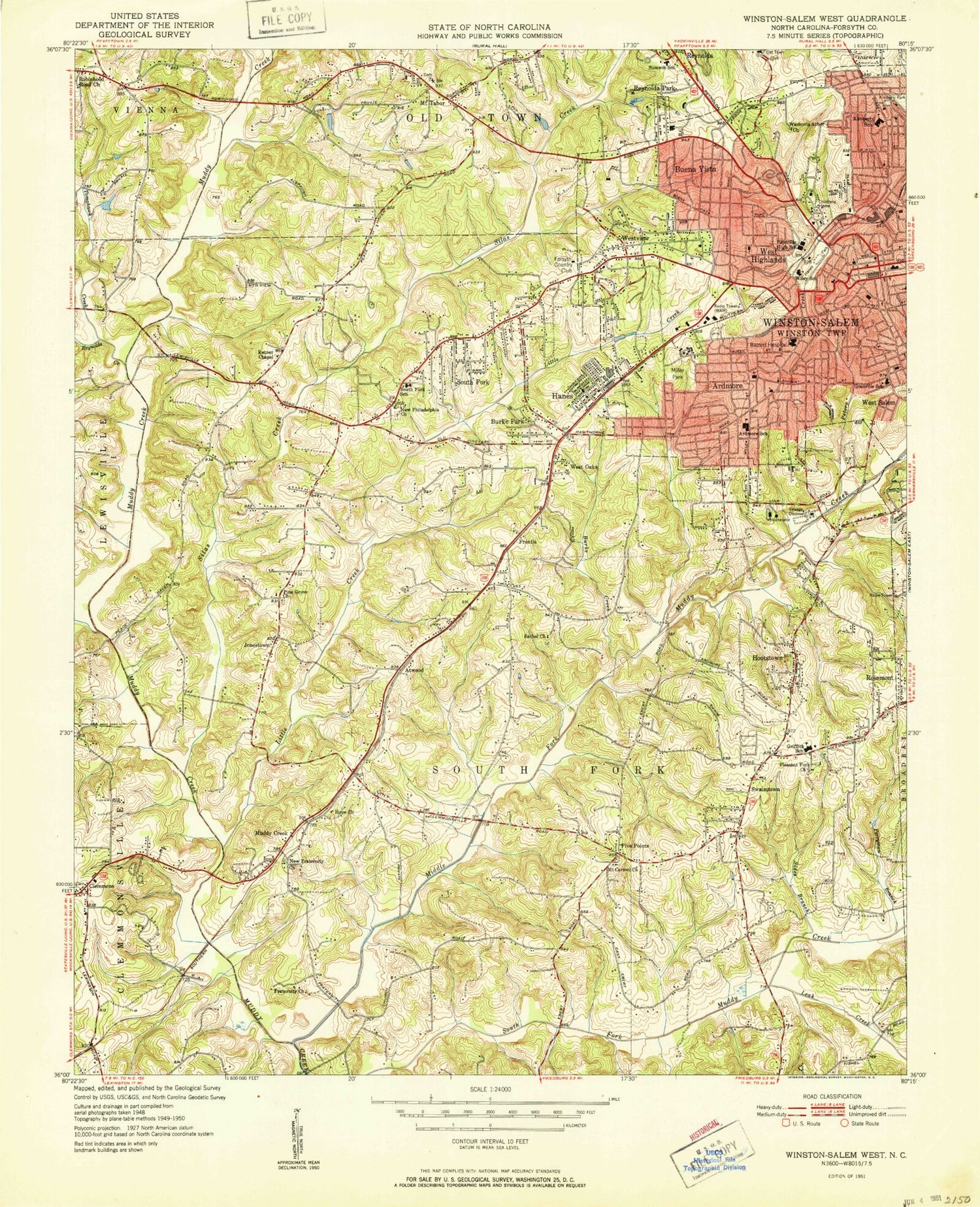 Classic USGS Winston-Salem West North Carolina 7.5'x7.5' Topo Map Image