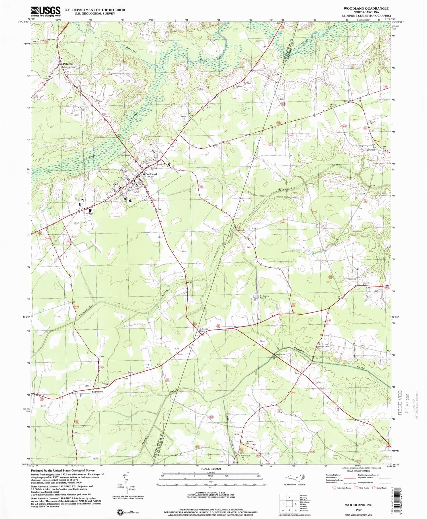 Classic USGS Woodard North Carolina 7.5'x7.5' Topo Map Image