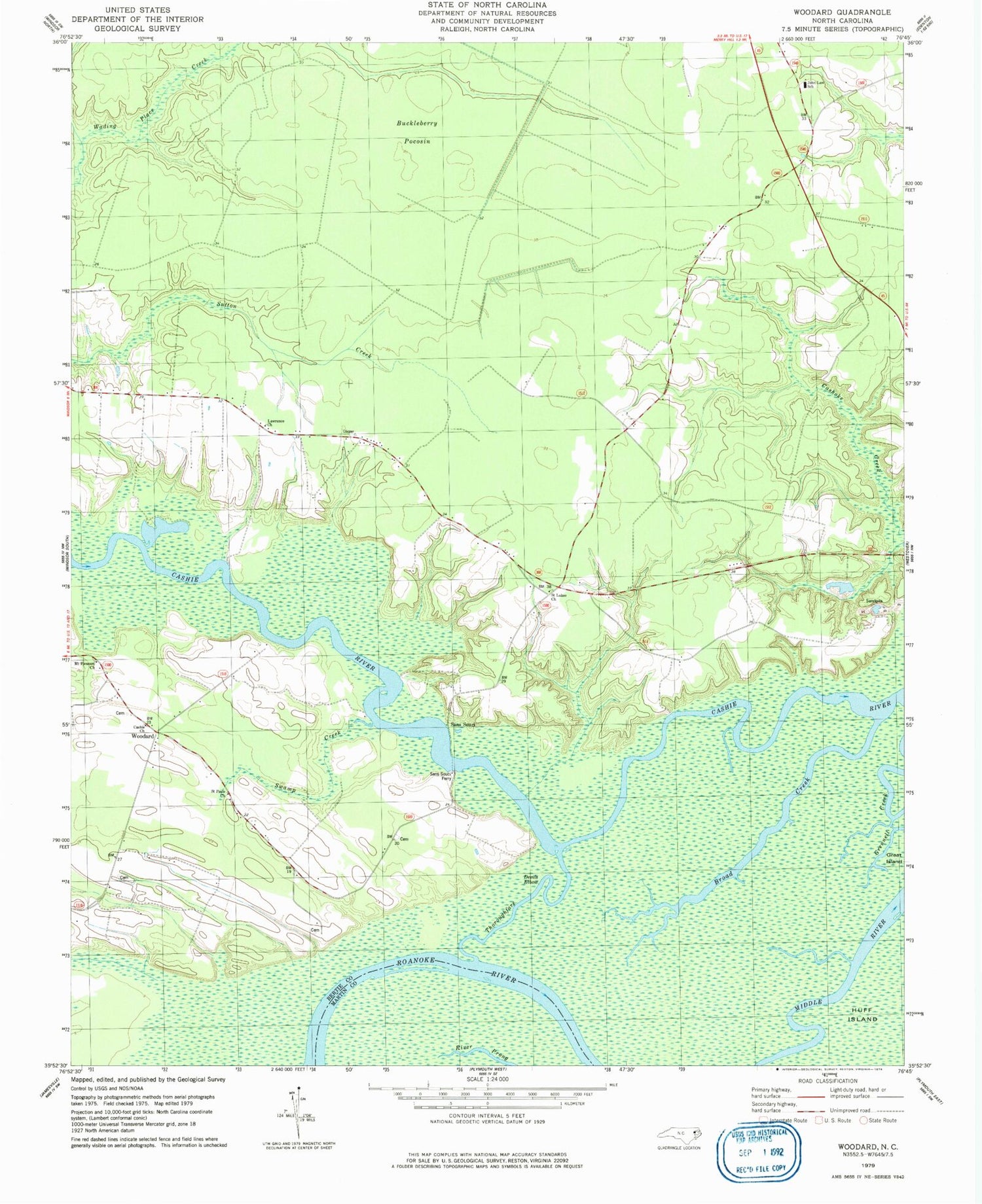 Classic USGS Woodard North Carolina 7.5'x7.5' Topo Map Image