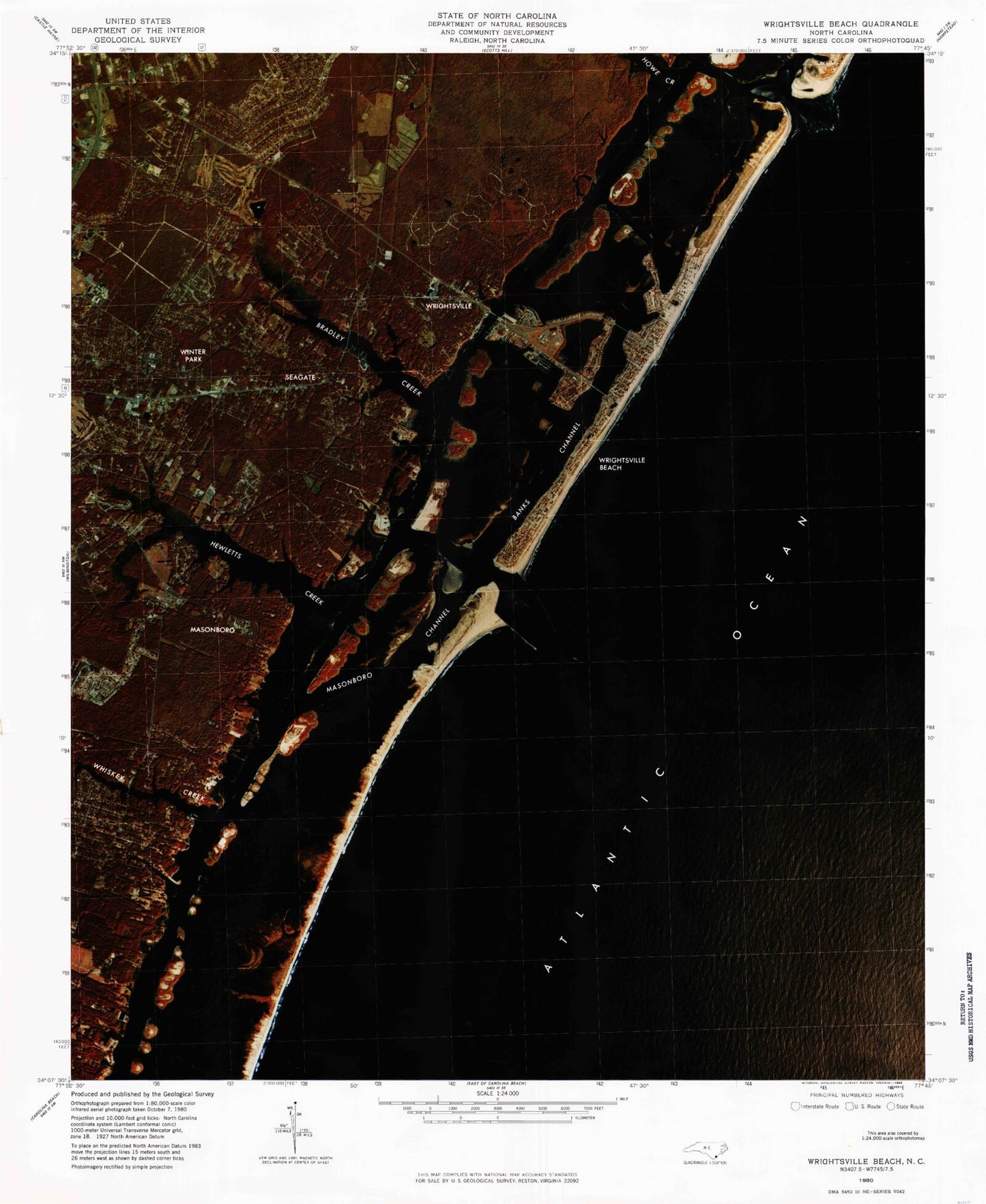 Classic USGS Wrightsville Beach North Carolina 7.5'x7.5' Topo Map Image