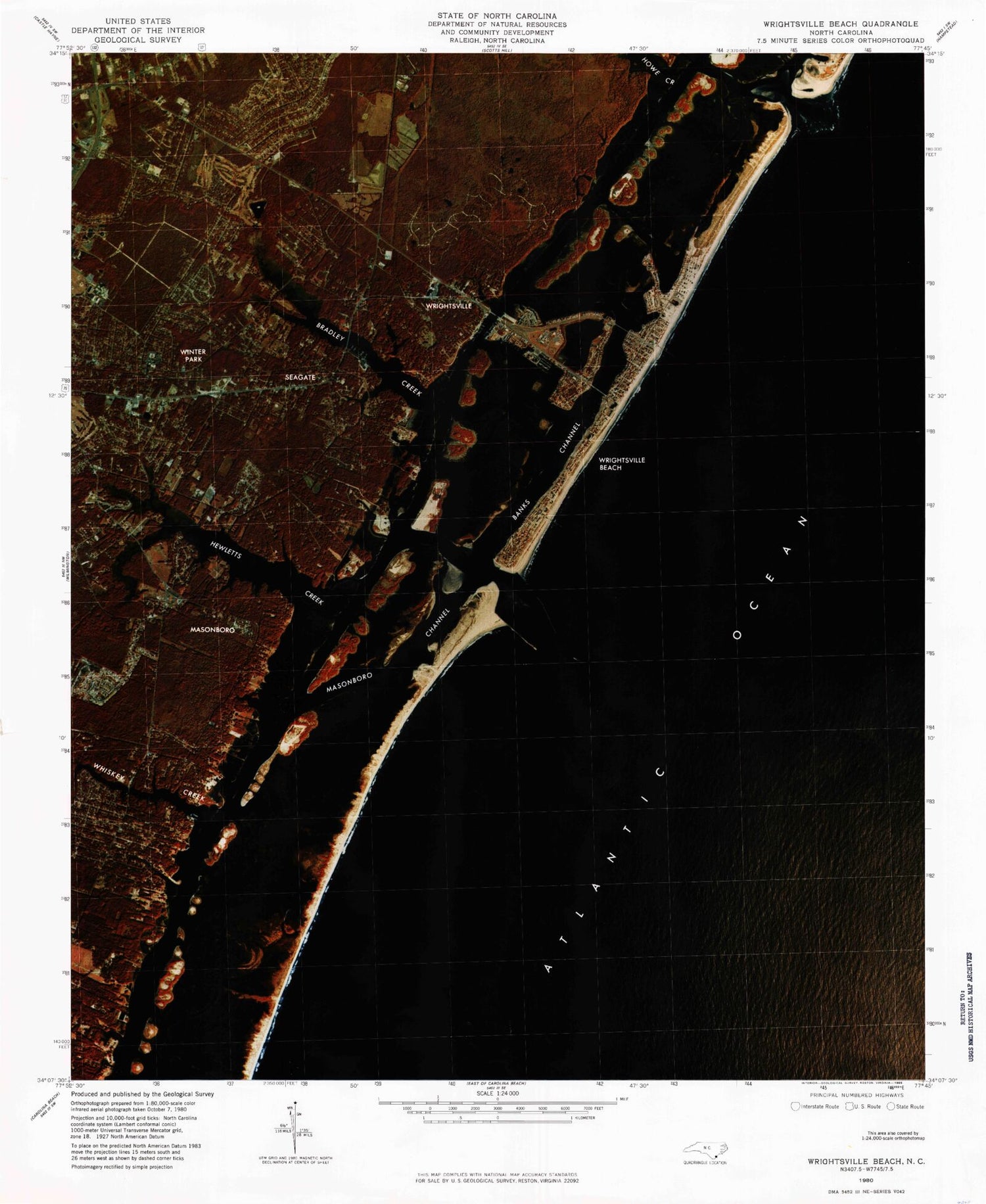 Classic USGS Wrightsville Beach North Carolina 7.5'x7.5' Topo Map Image