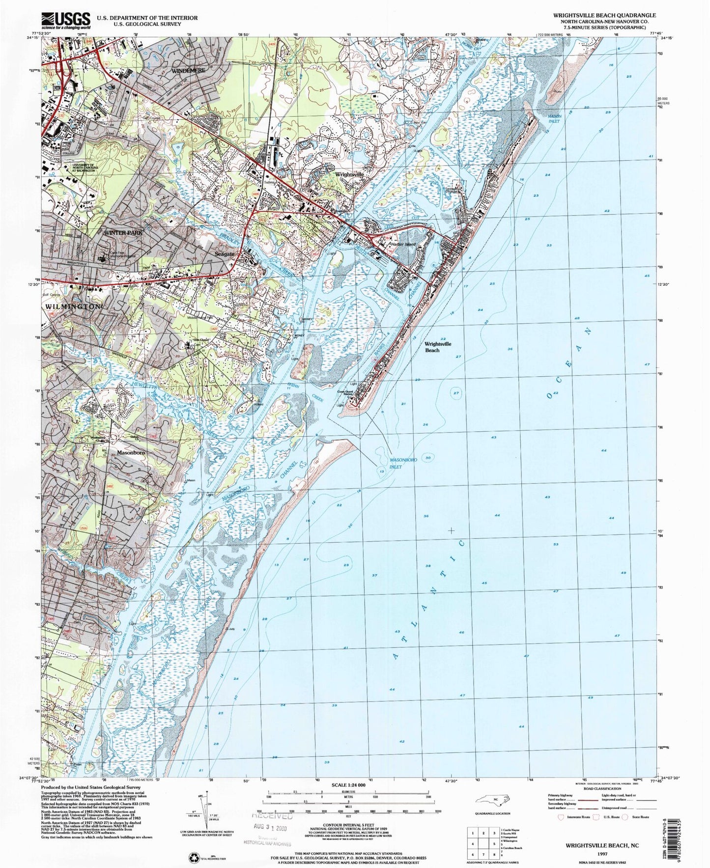 Classic USGS Wrightsville Beach North Carolina 7.5'x7.5' Topo Map Image