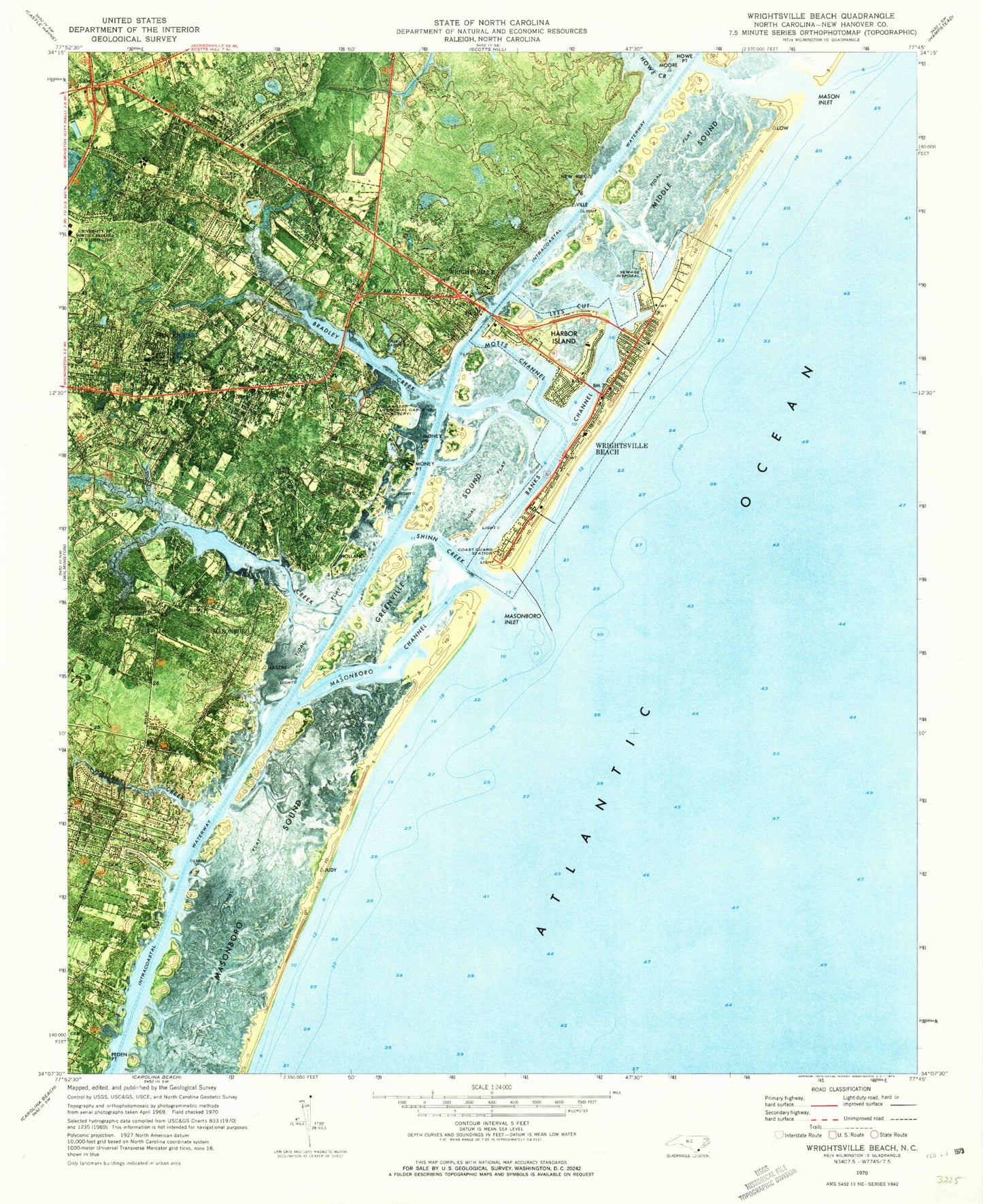 Classic USGS Wrightsville Beach North Carolina 7.5'x7.5' Topo Map Image