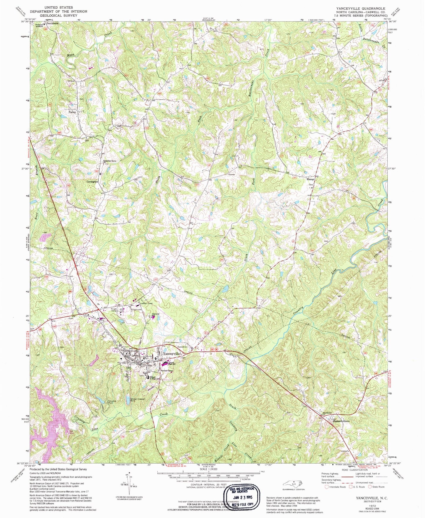 Classic USGS Yanceyville North Carolina 7.5'x7.5' Topo Map Image