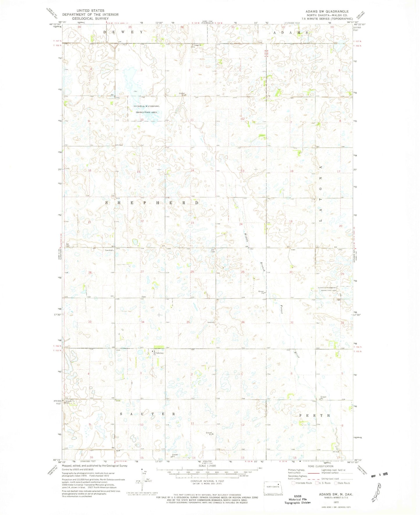 Classic USGS Adams SW North Dakota 7.5'x7.5' Topo Map Image