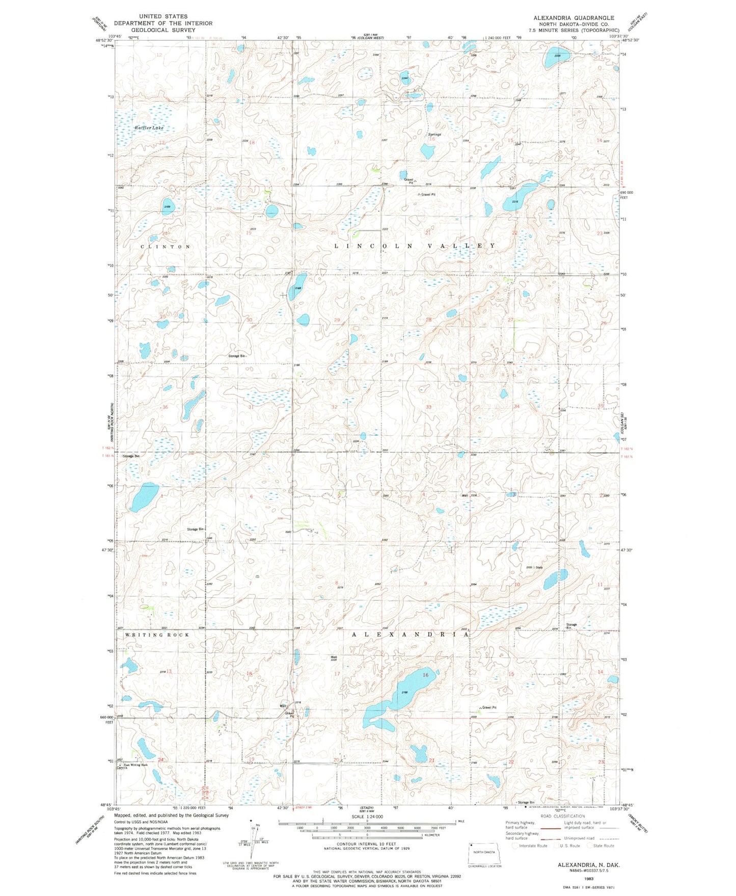 Classic USGS Alexandria North Dakota 7.5'x7.5' Topo Map Image