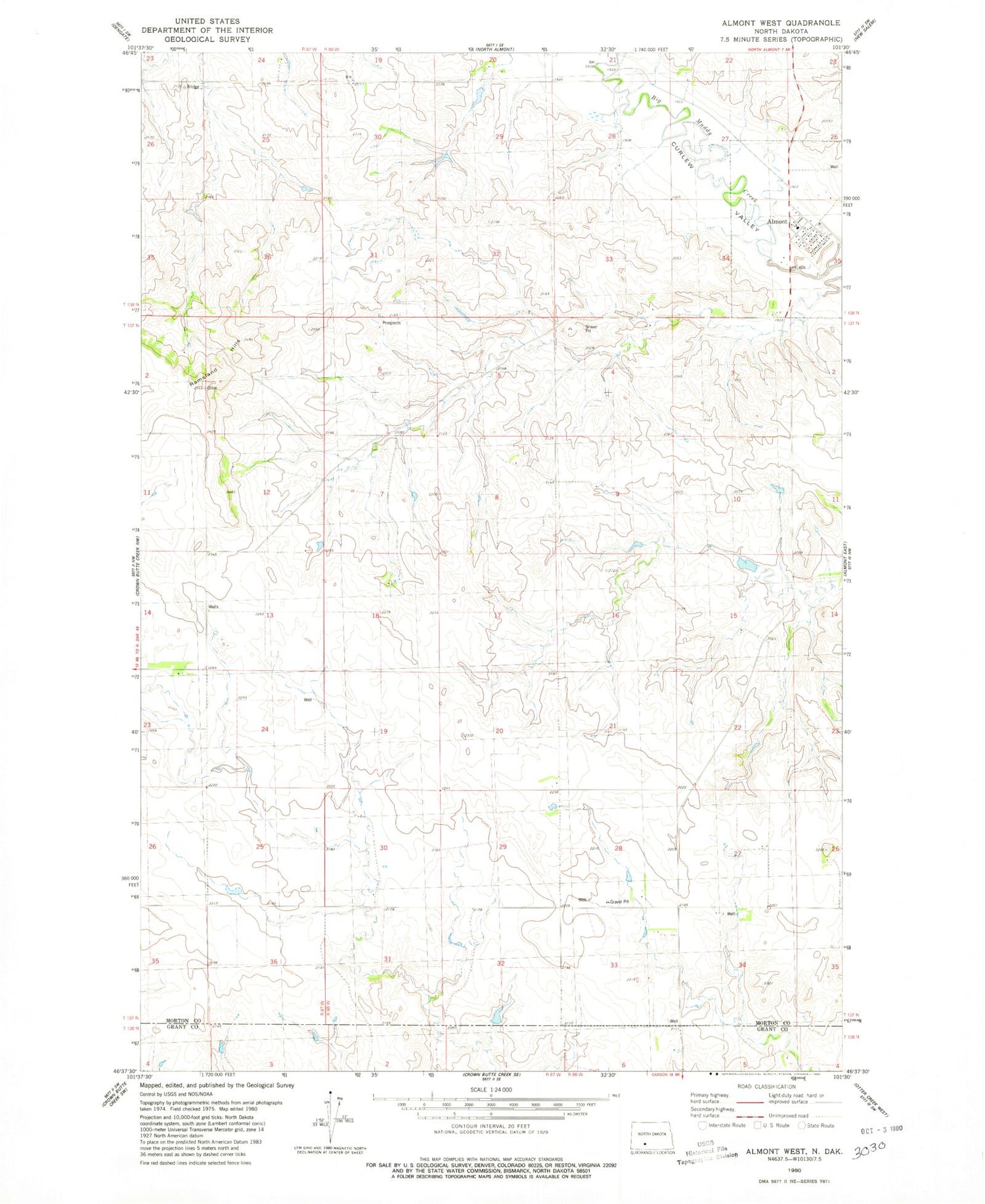 Classic USGS Almont West North Dakota 7.5'x7.5' Topo Map Image