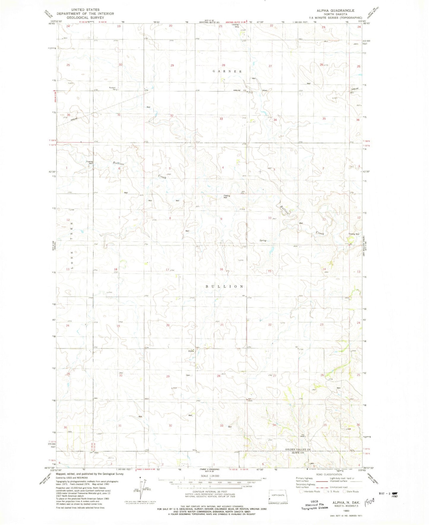 Classic USGS Alpha North Dakota 7.5'x7.5' Topo Map Image