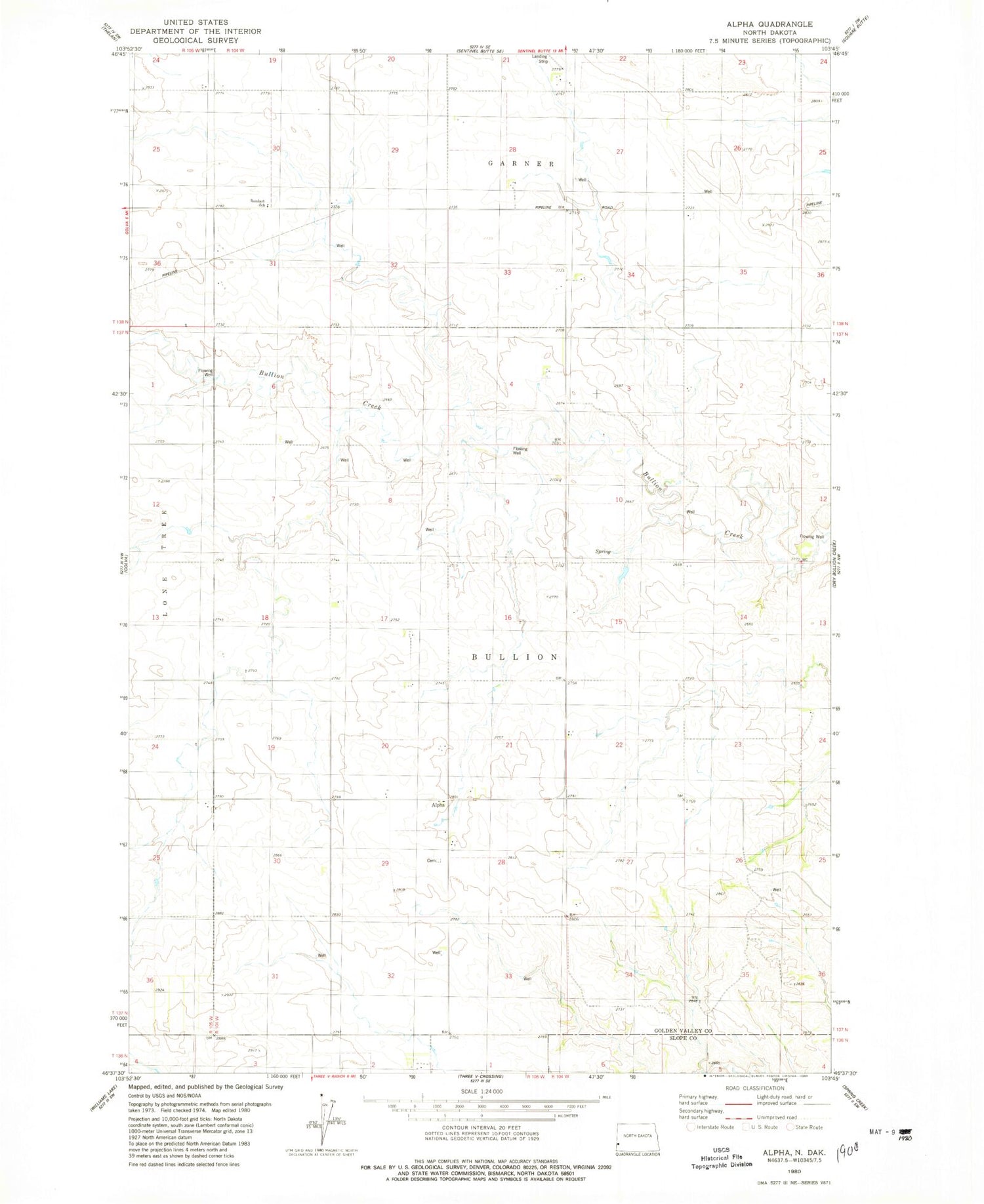 Classic USGS Alpha North Dakota 7.5'x7.5' Topo Map Image