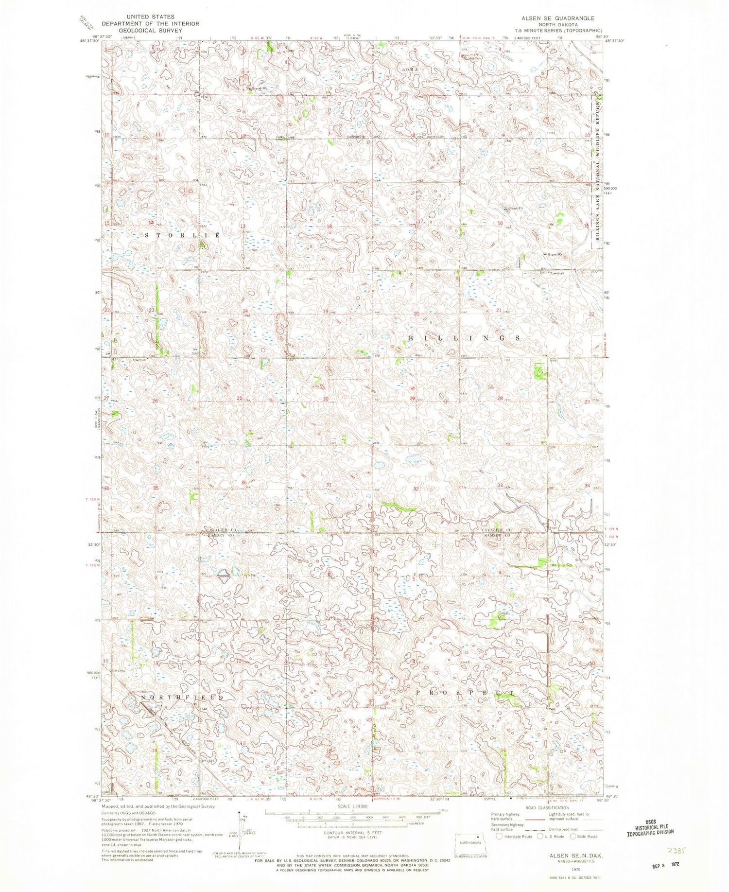 Classic USGS Alsen SE North Dakota 7.5'x7.5' Topo Map Image