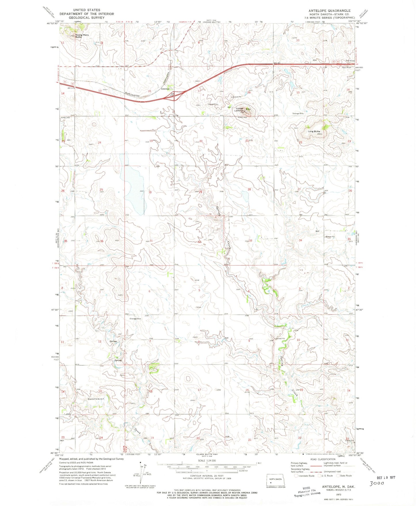 Classic USGS Antelope North Dakota 7.5'x7.5' Topo Map Image