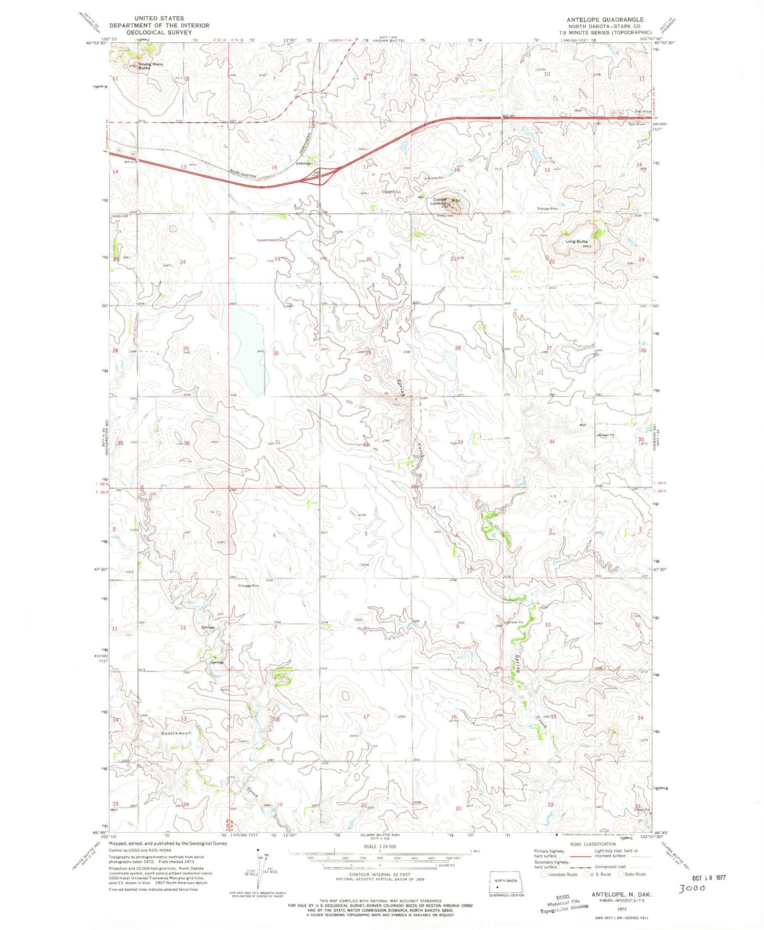 Classic USGS Antelope North Dakota 7.5'x7.5' Topo Map Image