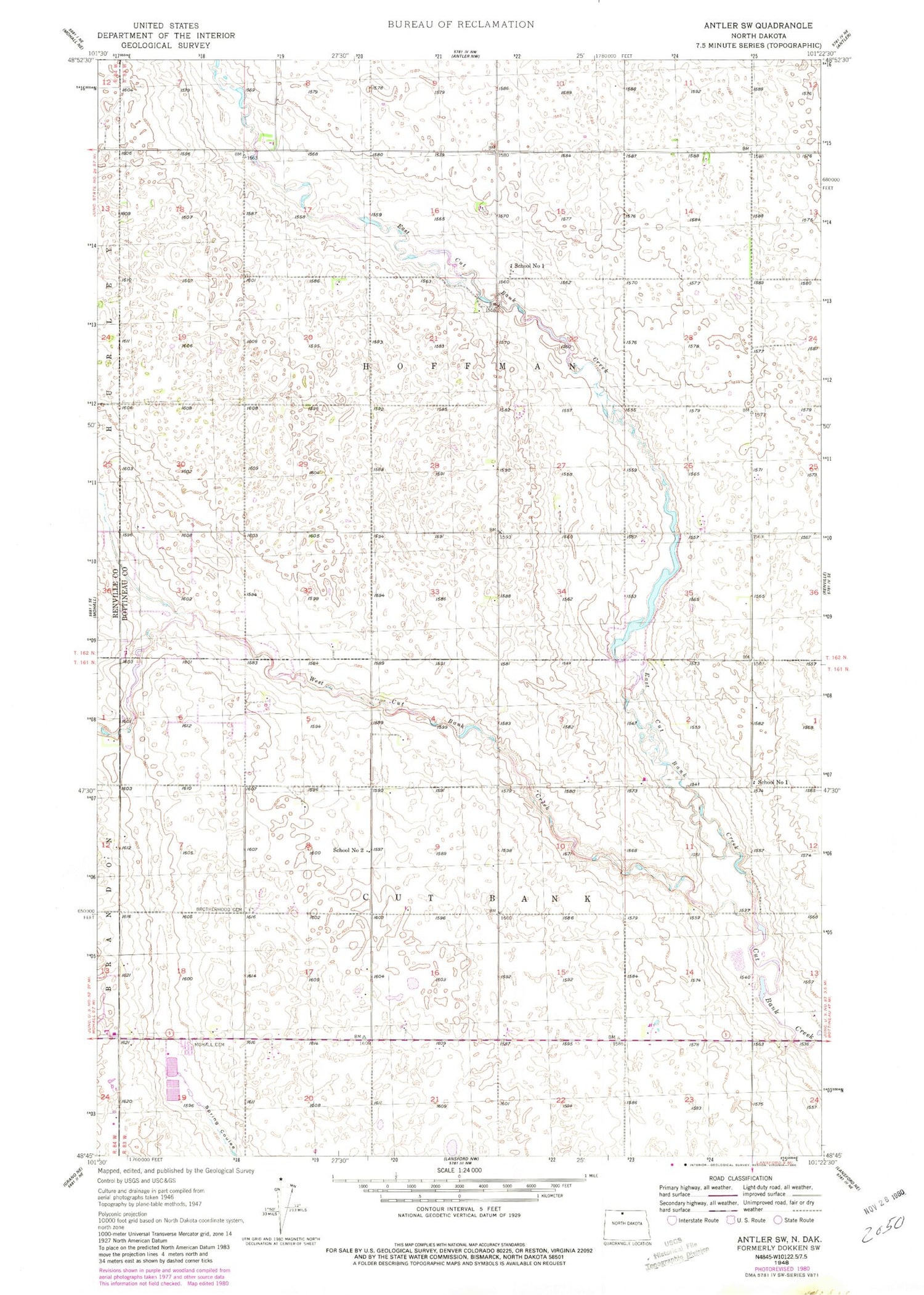 Classic USGS Antler SW North Dakota 7.5'x7.5' Topo Map Image
